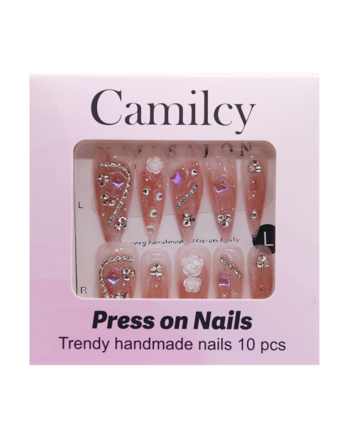 CAMILCY Handmade Press on Nails Long Stiletto Glossy Nude Pink Fake Nails with 3D Flowers Rhinestones Luxury Crystal Bling Acrylic Nails Reusable Stick on Nails for Women (B04, M)
