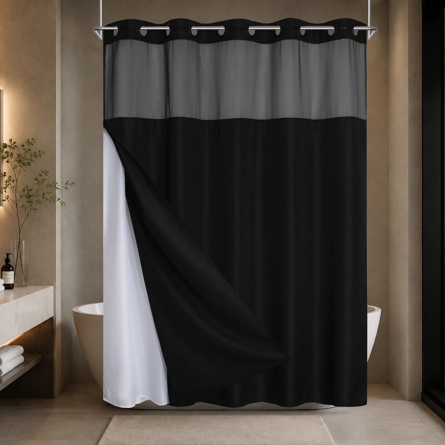 Blotixn No Hook Slub Textured Shower Curtain with Snap in Fabric Liner, Modern Hotel Style with See Through Top Window, Black Fabric Outer Curtain & Waterproof Inner Liner, 72 * 75 in