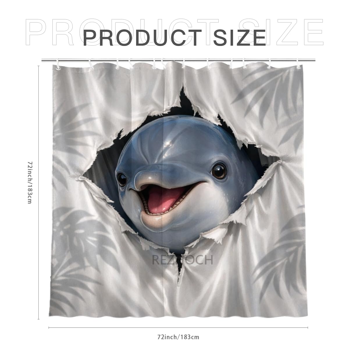 REZHOCH Cute Dolphin Shower Curtain 72x72Inch Fun Animal Hole Peeking Bath Curtain Waterproof Fabric Grayish White Rainforest Leaves Kid Adult Home Bathroom Decor with Hooks
