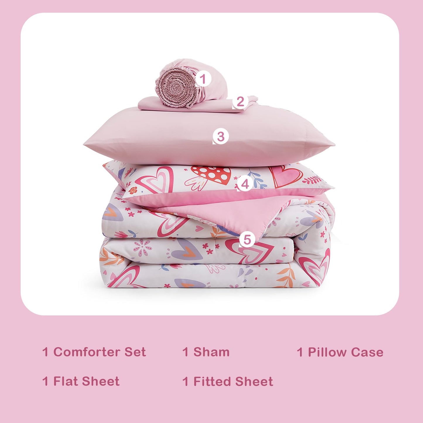 Kaleido Space Twin Comforter Set for Girls Kids - 5 Pieces Heart Twin Bedding Sets for Girls Teen, Soft Cozy Bed in A Bag with Sheets