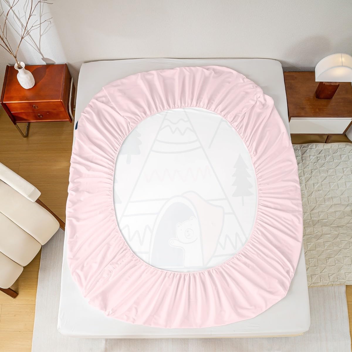 Happy Camping Campers Fitted Sheet Full, Tent Pines Bear Sketch Bedding Set, Happy Outdoors Natural Bed Cover 3 Pcs for Kids Teens Adults Room Decor,Rustic Pink Bed Sheet Set with 2 Pillowcases