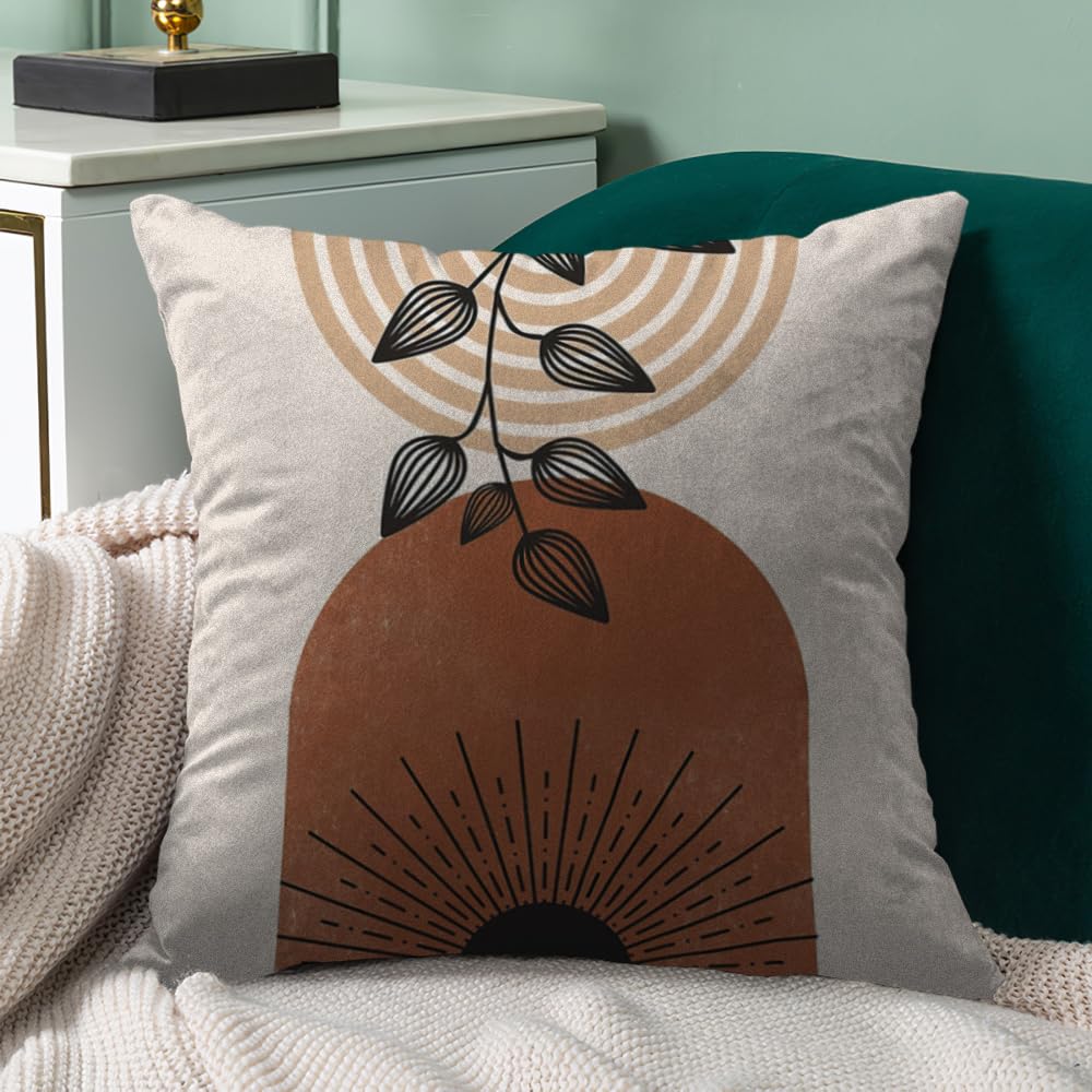 Ceexolliss Boho Mid Century Modern Throw Pillow Covers Set of 6, Sun Moon Leaves Arch Abstract Home Decor Bohemian Decorative Cushion Covers 18"X18"