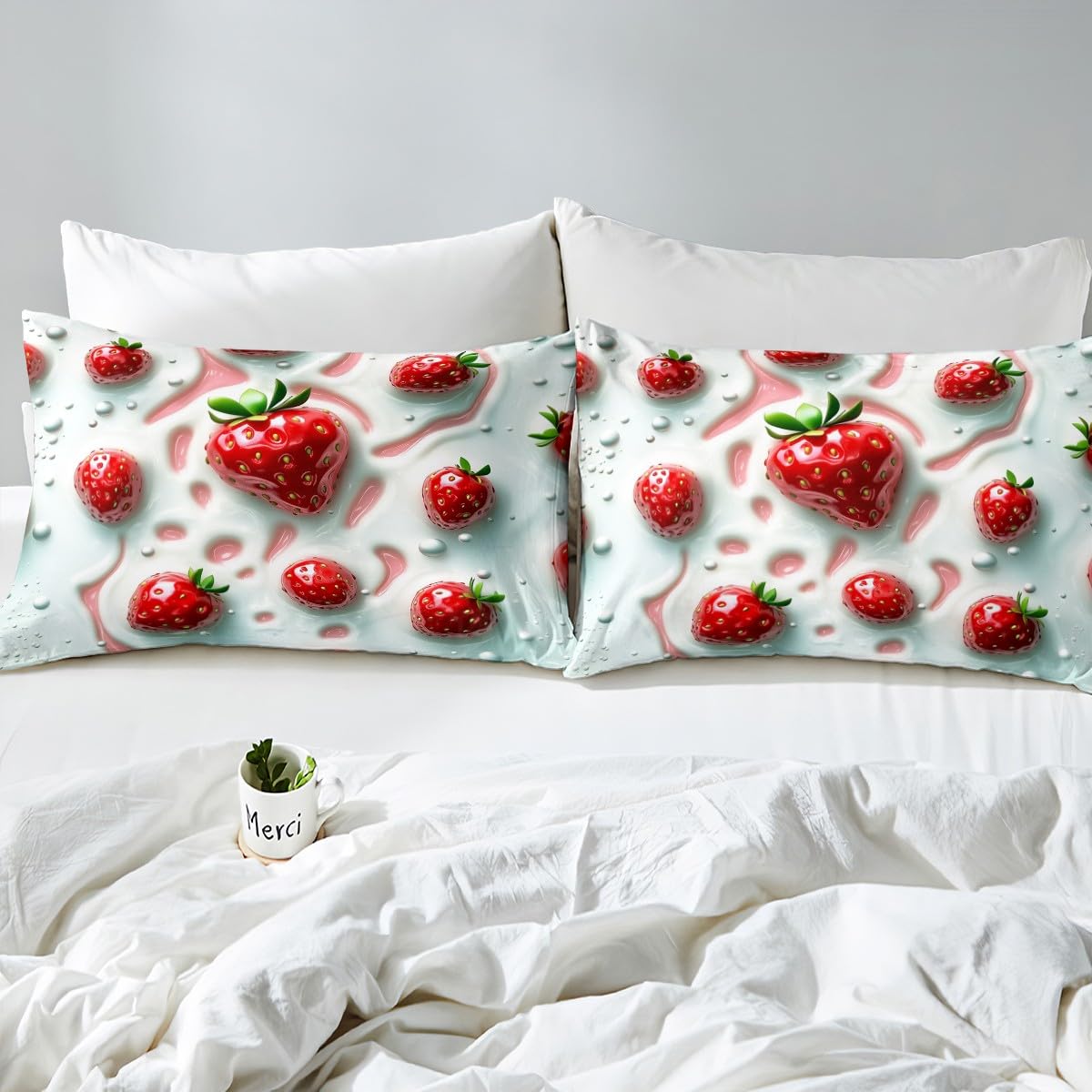Erosebridal Strawberry Flat Fitted Sheet Kawaii Fruit Bed Set Full Cute Strawberries Bed Sheets Set for Kids Girls Adult Dessert Cream Lightweight Bedding Sets, Pink White with 2 Pillow Cases