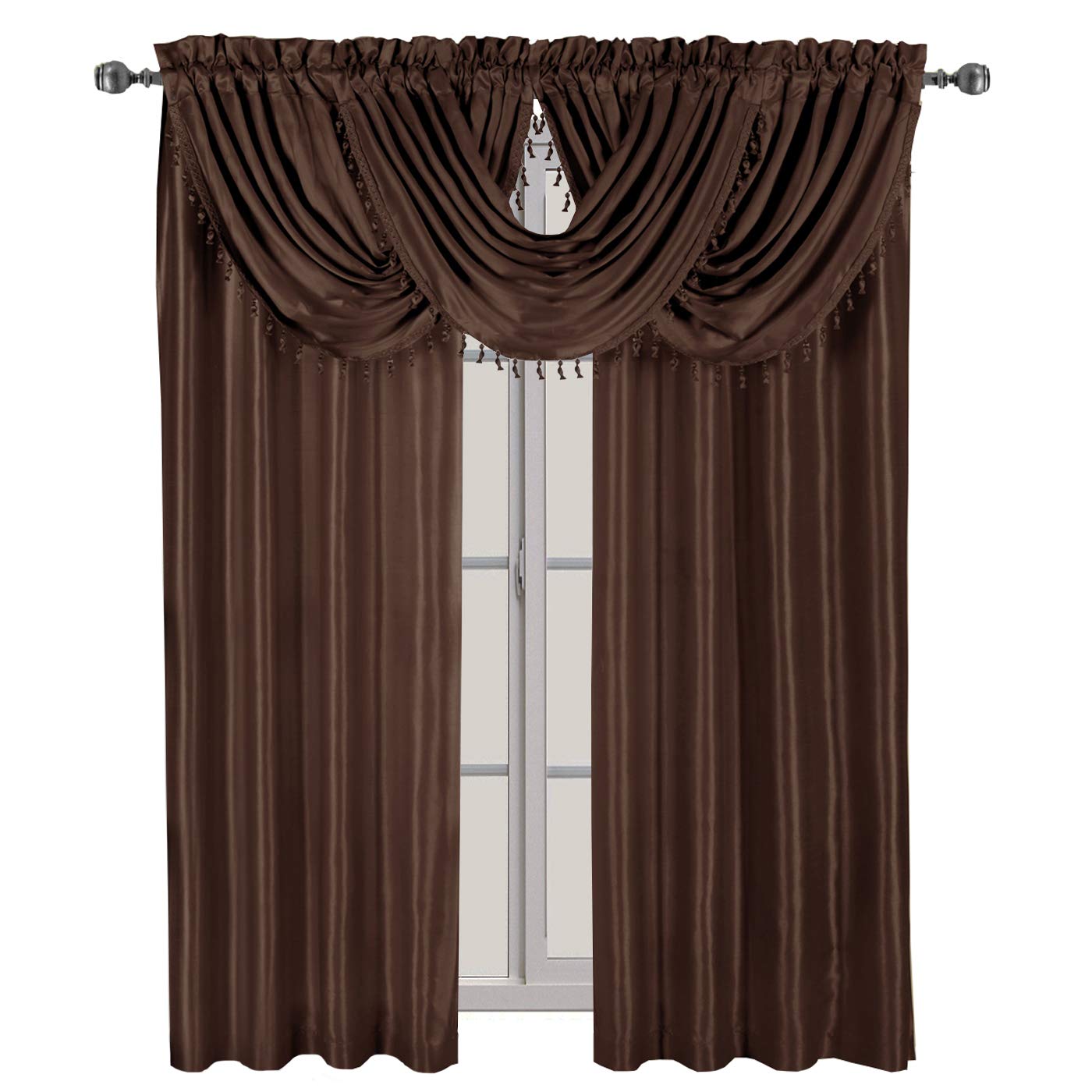 sheetsnthings Soho Rod Pocket 5pc Window Treatment Set, 2-Panels (108-Inch Long) and 3-Waterfall Valances, Chocolate