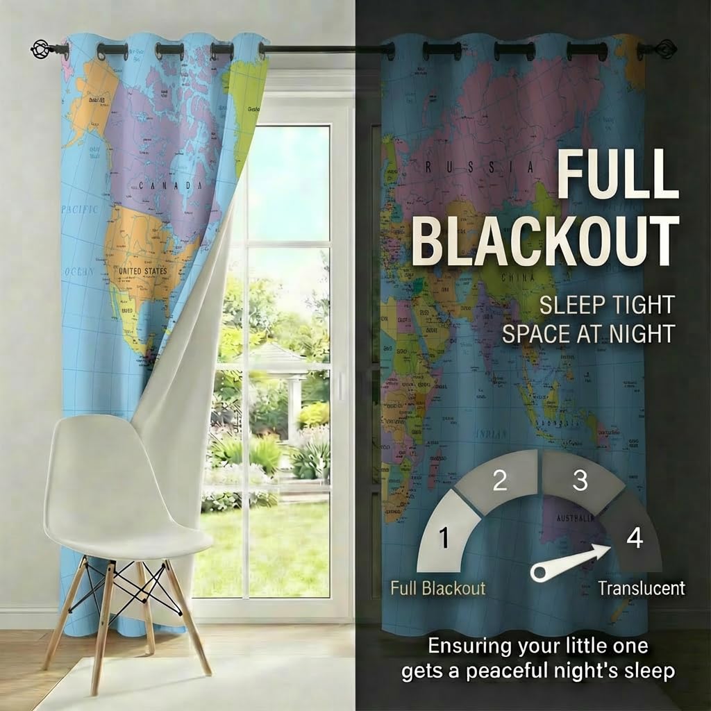 terxgrl World Map Blackout Curtains for Bedroom Living Room, Colorful Educational Geography Political Map Window Drapes for Youth Playroom Study Room, 42 x 45 Inch