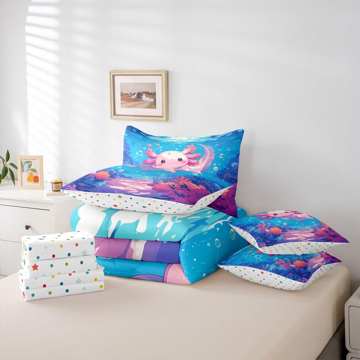 Erosebridal Axolotl Girls Pink Blue Ombre 7 Piece Bedding Set Twin | Cartoon Ocean Sealife Comforter Set with Sheets Cute Salamander Bed in A Bag Coral Kawaii Bed Sets