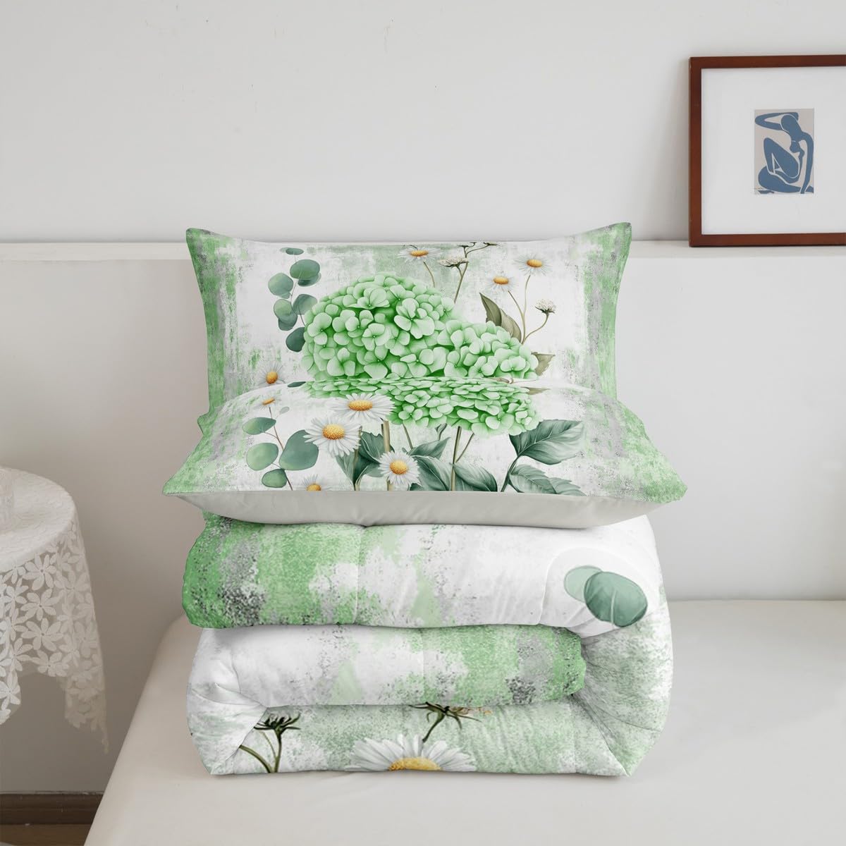 Erosebridal Green Hydrangea Flower Queen Comforter Set Spring Blossom Bedding Set Abstract Oil Painting Bed Set Watercolor Floral Rustic Farmhouse Quilt Set Ombre Green Grey Design for Adults