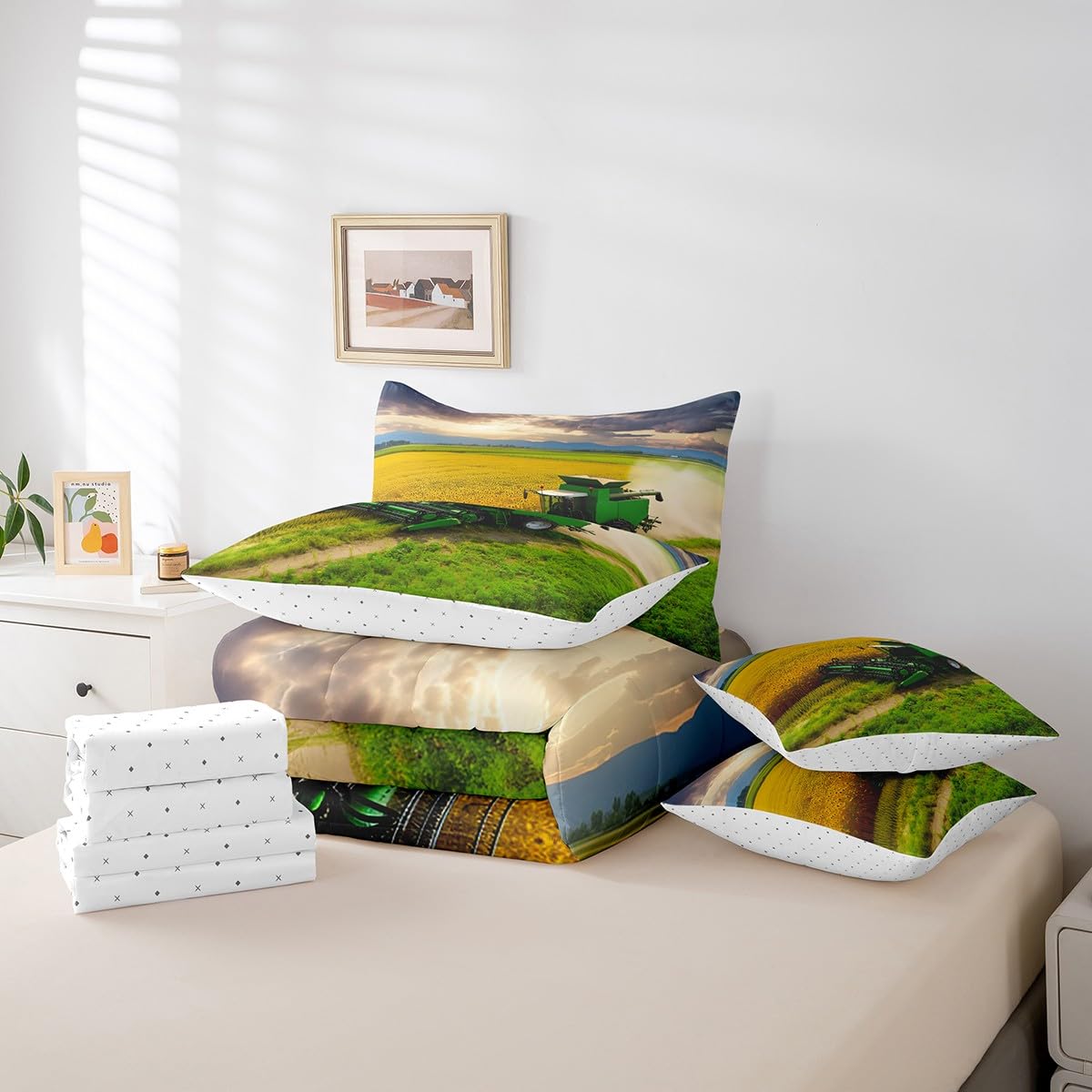 Feelyou Boys Tractor Comforter Set Twin 7 Pieces Comforters 3D Print Construction Car Bedding Set Harvester Tractor Farm Bed in a Bag with Comforter, Sheets, Pillowcases & Cushion Covers