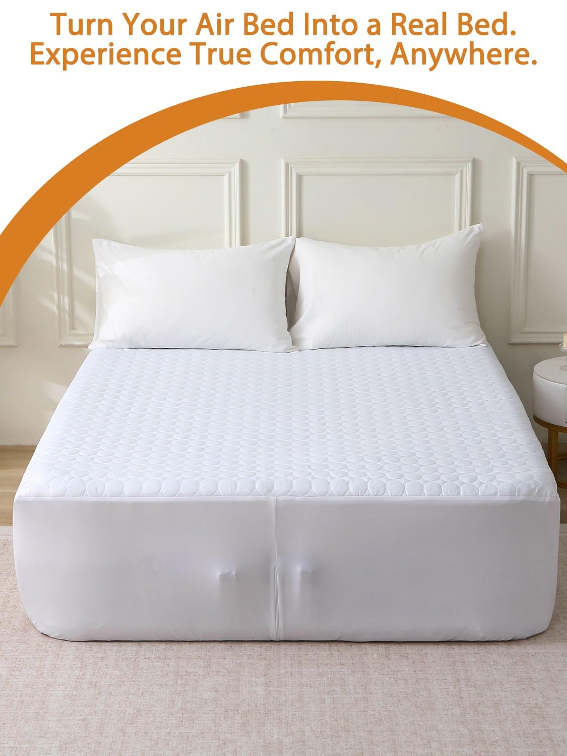 Bedecor Queen Quilted Air Mattress Pad with Pump Access Zipper,Air Bed Protector Cover, Deep Pocket Fits 18-24 Inch Blow Up Beds, Quiet & Breathable,White Oval