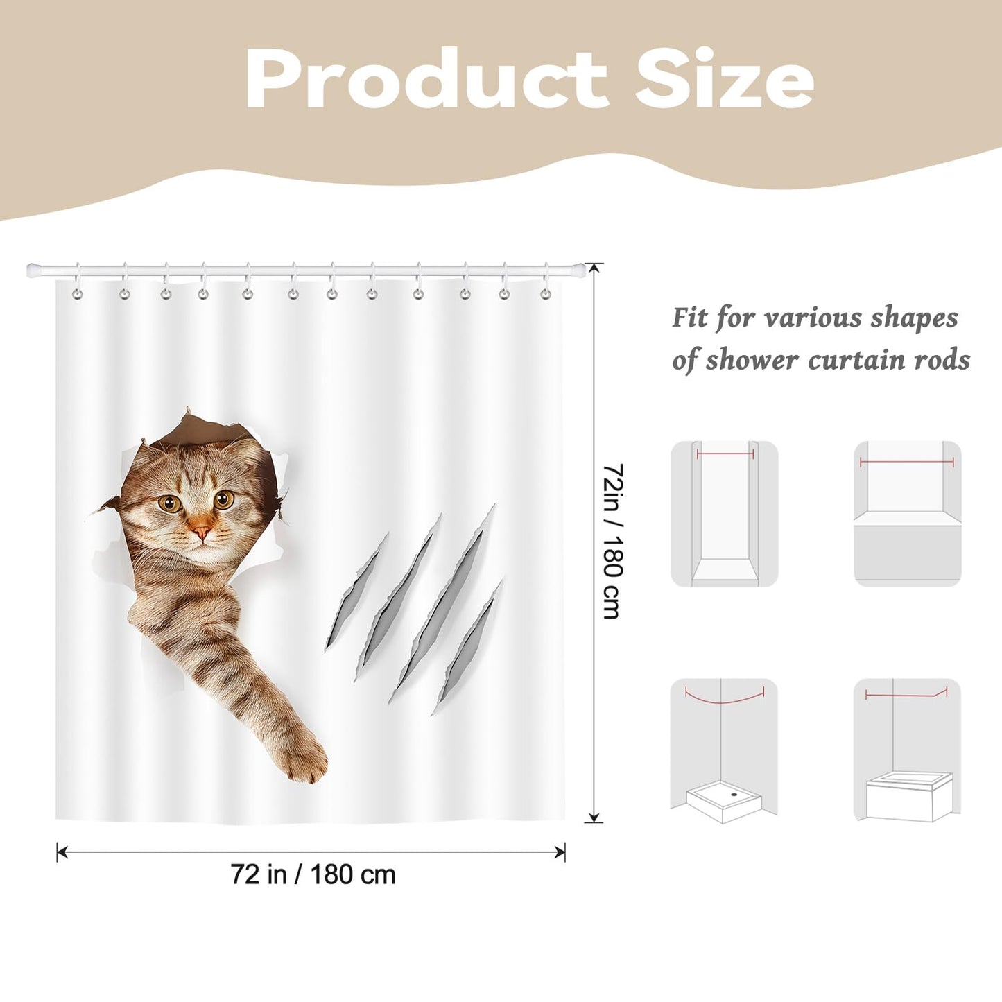 Hopomoon Funny Cat Shower Curtains 72 x 72 inch,Bathing Cat Waterproof Polyester Fabric Bathroom Curtain with 12 Hooks