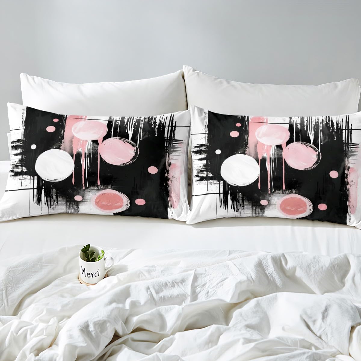 jejeloiu Retro Circle Fitted Sheet with 1 Pillowcase Twin Size Black and Pink Abstract Bed Sheets Set 16" Deep Pocket Boys Girls Bedding Teens Bedroom Decor Breathable Soft