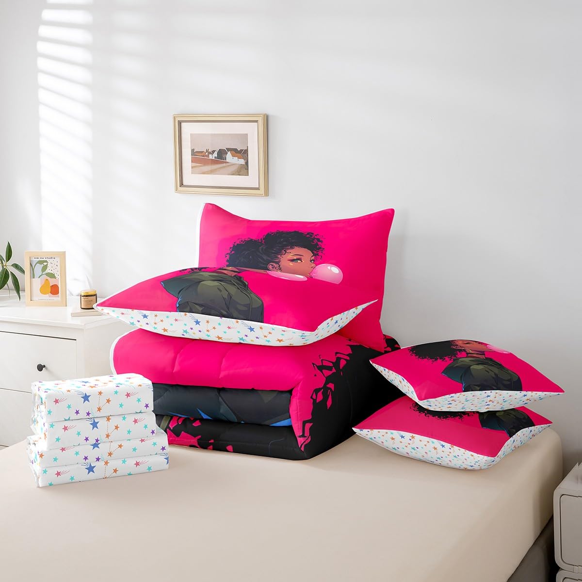 jejeloiu Kids Cool Black Girl Comforter Set 7 Pieces Full Size African American Girl Bedding Set for Boys Girls Pink Bed in a Bag with Comforter, Sheets, Pillowcases & Cushion Covers(No Glitter)