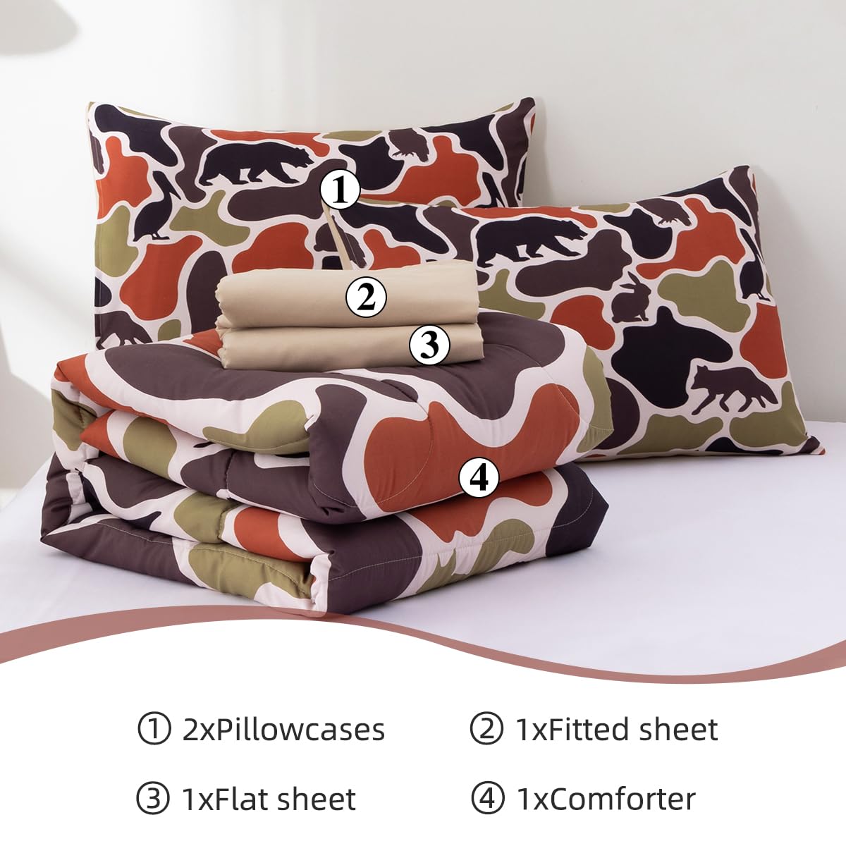 Holawakaka Men Boys Deer Camouflage Comforter Set with Sheets,Queen Size Hunting Elk Camo Bedding Sets for Kids Teens Bed-in-a-Bag 5 Pieces for Dorm Bedroom Cabin Lodge