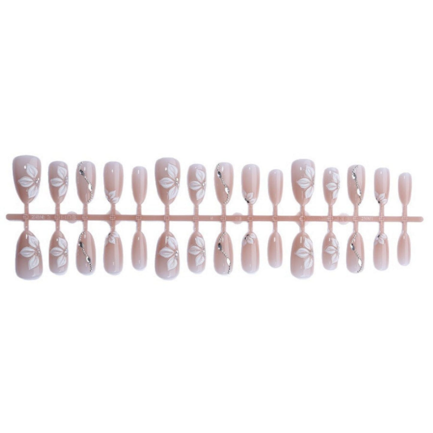 octoswave Press on Nails Medium Almond - Handcrafted 3D White Flower & Silver Rhinestone Designs - Nude Ombre Glossy Fake Nails for Weddings 30pcs