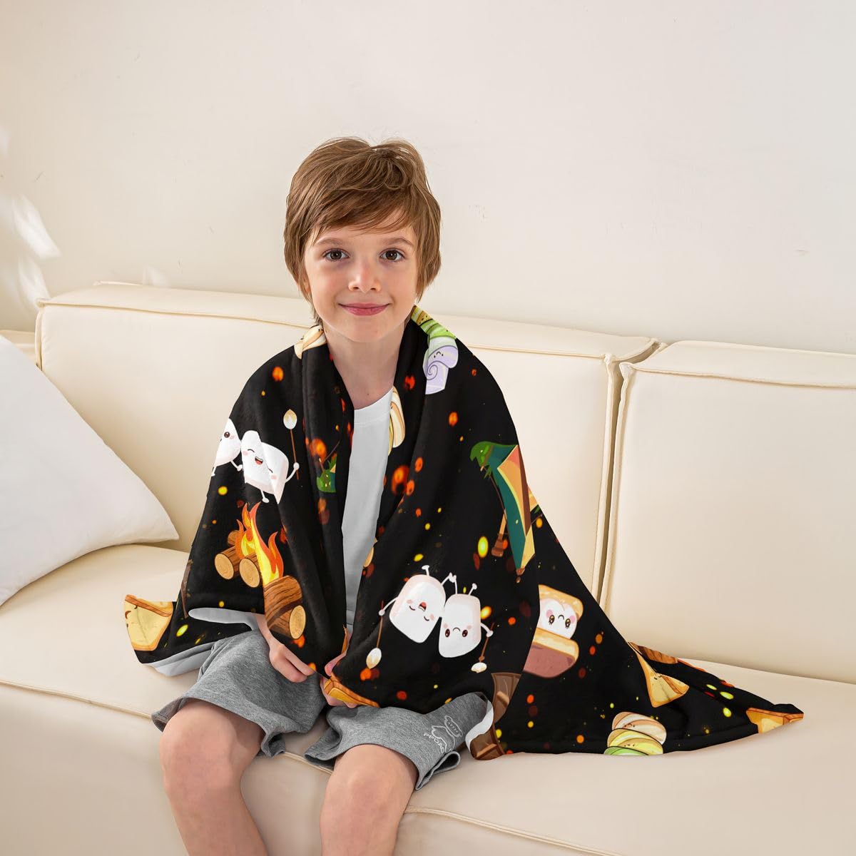 Feelyou Cute Marshmallow Plush Throw Blanket, 40"x50" Kids Cute S'Mores Cookie Flannel Fleece Blanket for Boys Teens Happy Camping All Season,Bed Blanket Outdoor Adventure Room Decor