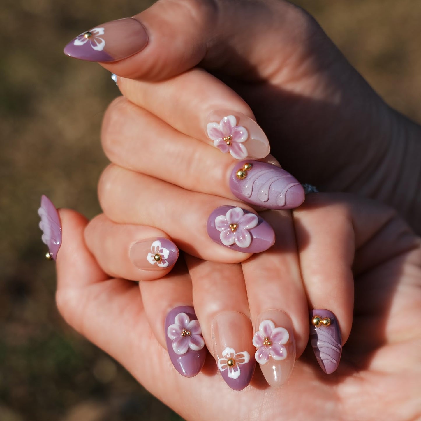 Tesytto Handmade Press on Nails with 3D Ombre Purple Flower - Lavender Floral Short Almond Nails - Full Cover Stick on Nails for Women & Girls (Blossom Purple Dream, M)