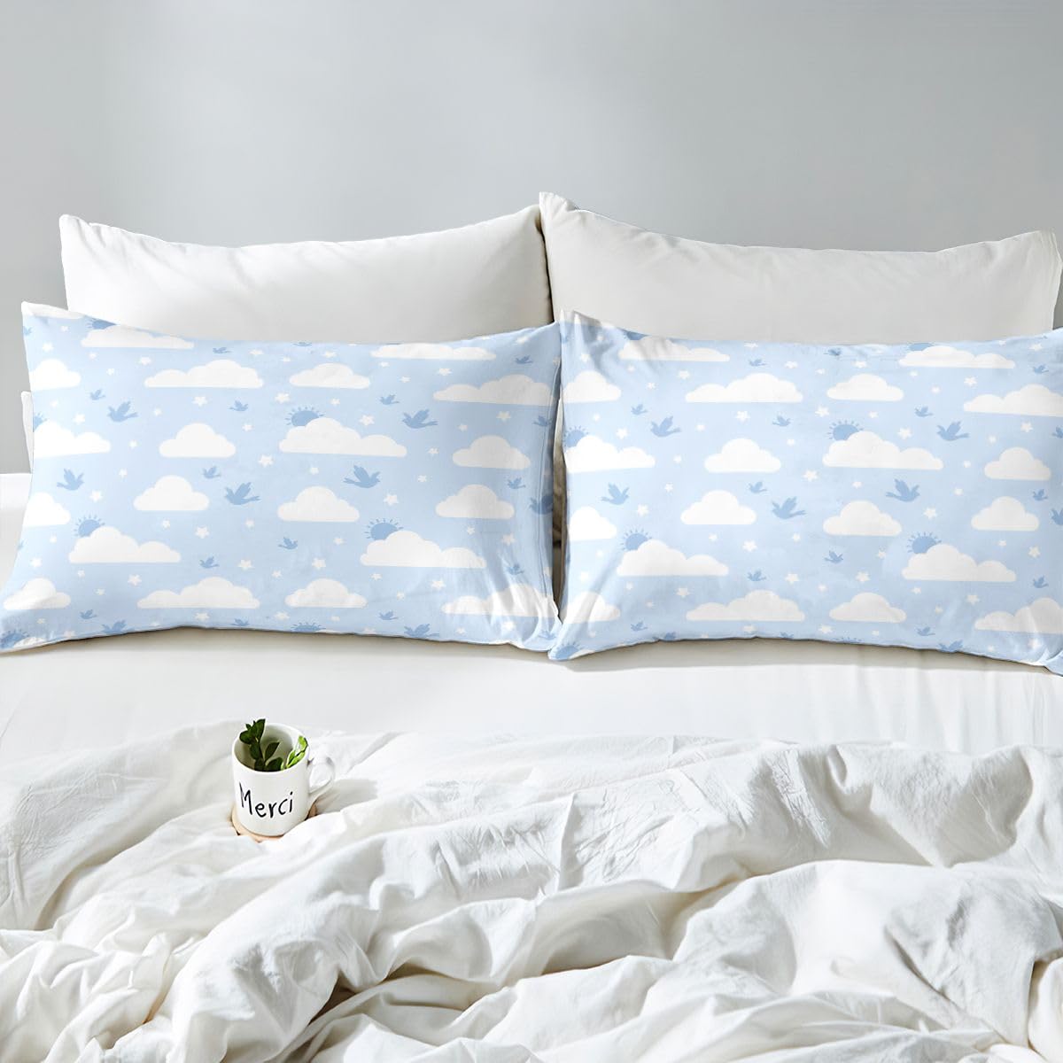 Erosebridal Cloud Duvet Cover Twin Star Pattern Bird Comforter Cover for Kids Teens Cartoon Cloud Sky Bedding Set Blue Sky and White Clouds Bed Set