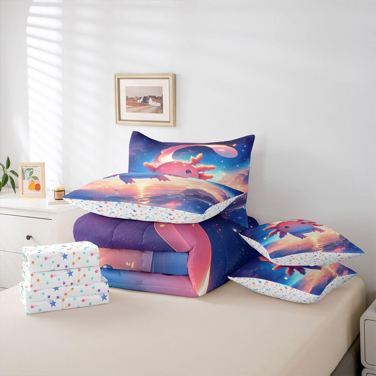 Erosebridal Ombre Axolotl Pink Blue Girls Kids 7 Piece Bedding Set Twin | Cartoon Animal Comforter Set with Sheets Dreamy Starry Bed in A Bag Galaxy Cloud Bed Sets