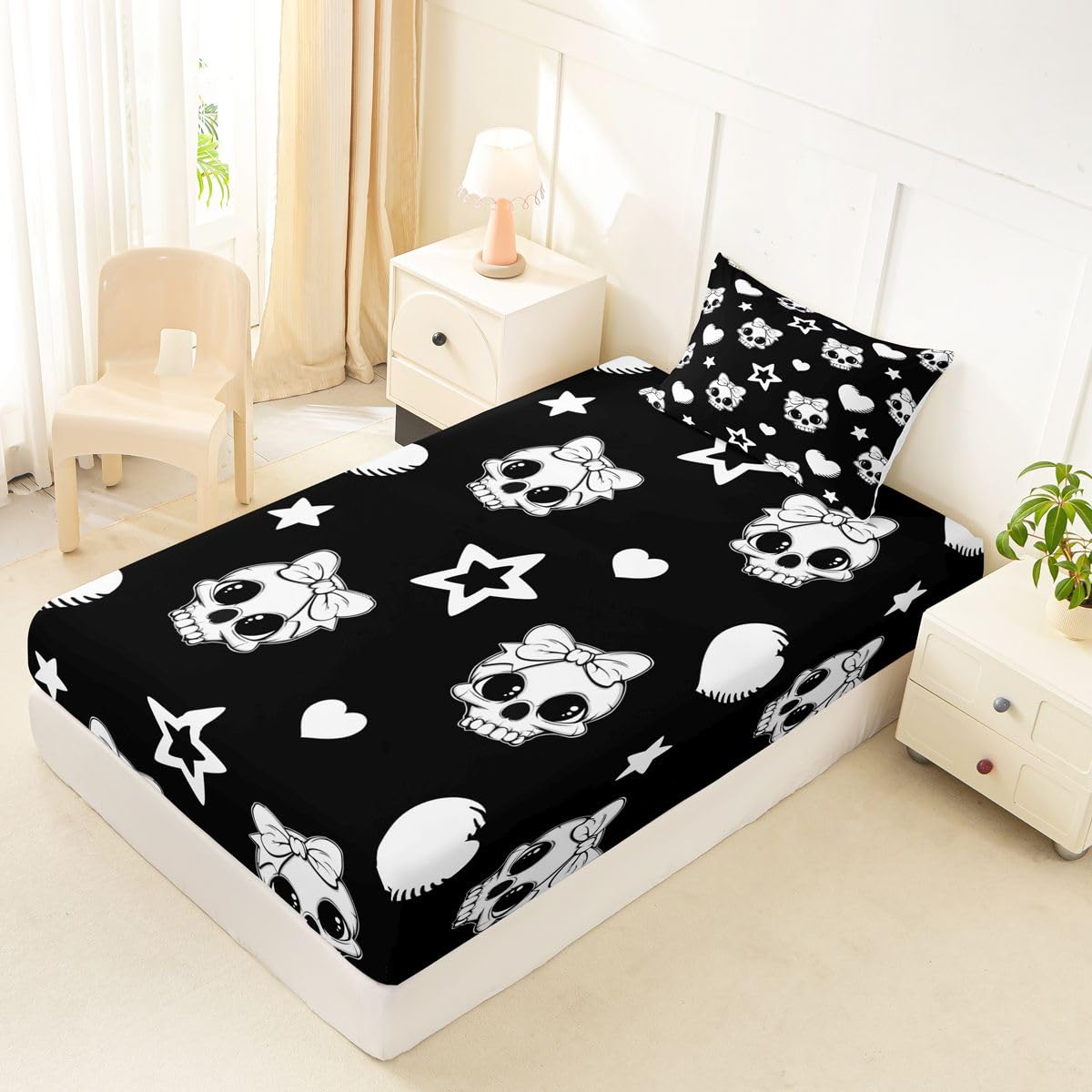 Castle Fairy Cute Skull Bed Sheets Twin Size,Star Love Bowknot Pattern Easy Wash Bedding Set,Cartoon Halloween Skeleton Kids Room Decor,Black and White Sheet(Fitted+Flat+1 Pillowcase)