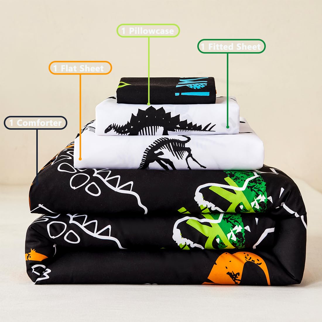 PERFEMET 4-Piece Boys Toddler Bedding Sets Cartoon Dinosaur Comforter Set for Girls Kids Soft Reversible Colorful Animal Bed Set for Toddler(Dinosaur, Toddler)