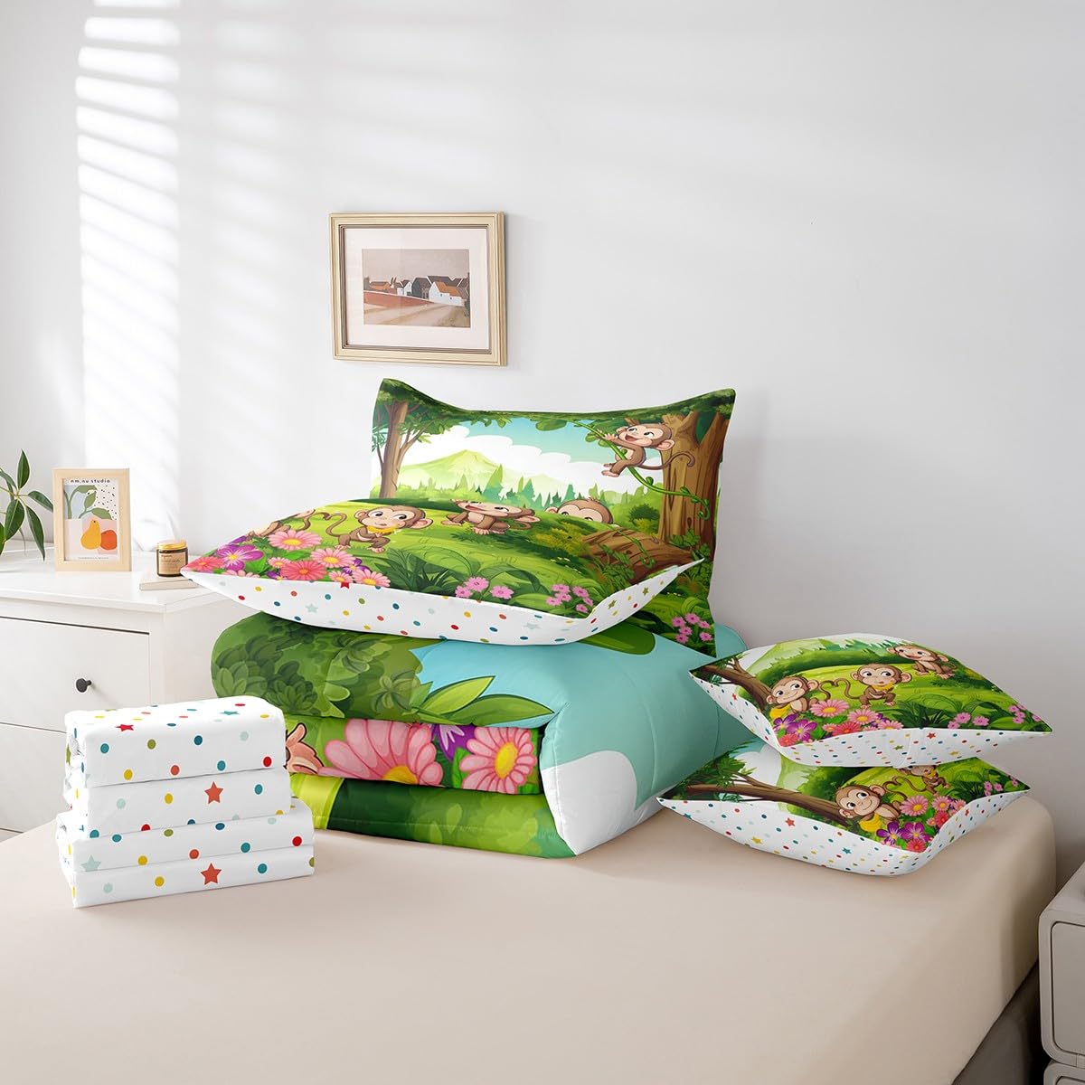 Erosebridal 7 Piece Monkey Bed in a Bag Kids Girls Cute Cartoon Animal Sheet Set Green Nature Plants Floral Decor Bedding Set with Comforter Natural Rustic Garden Theme Cushion Covers, Twin Size