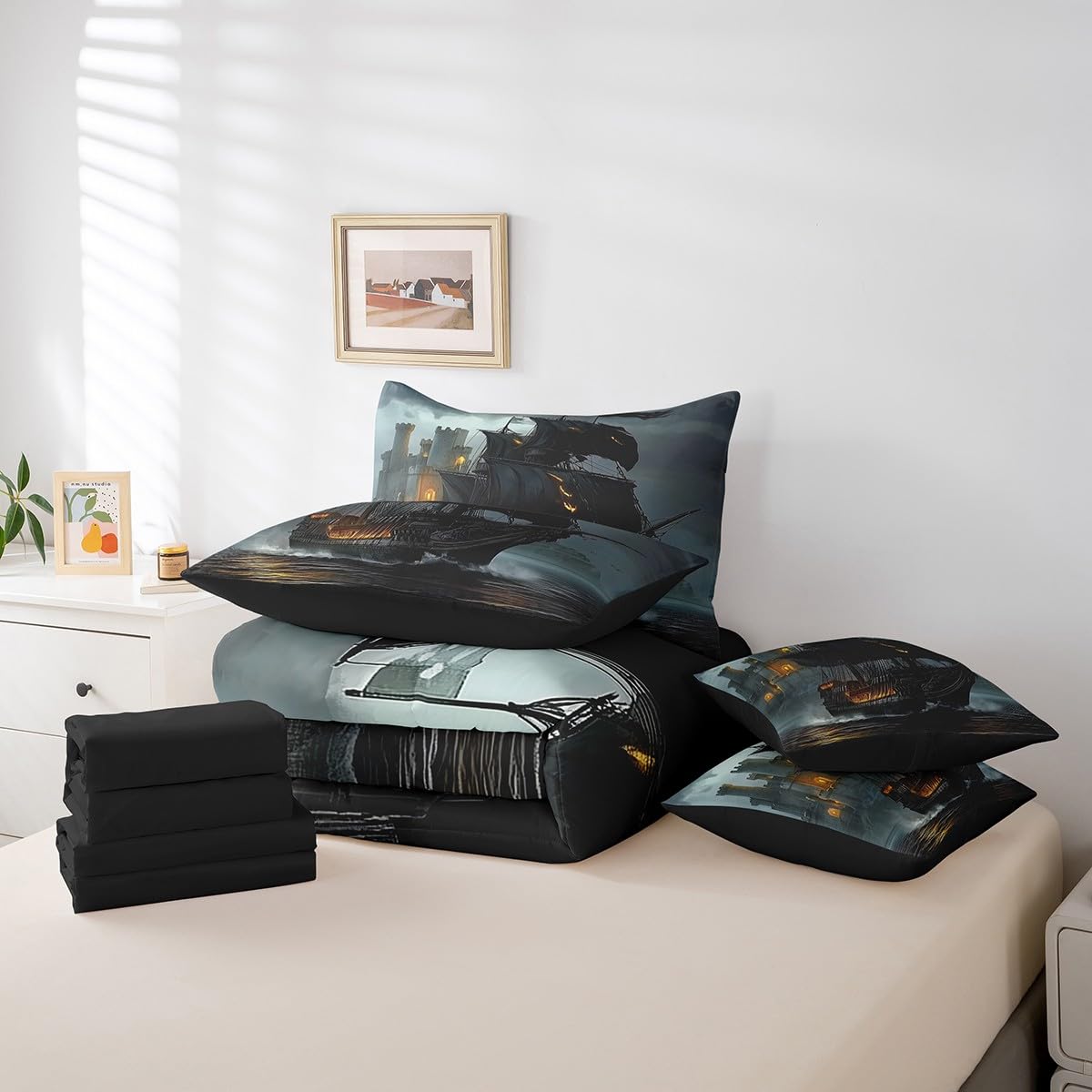 Feelyou Pirate Ship Comforter Set 7 Pieces Twin Size Moonlight Ocean Sea Bedding Set for Boys Girls Coastal Bed in a Bag with Comforter, Sheets, Pillowcases & Cushion Covers