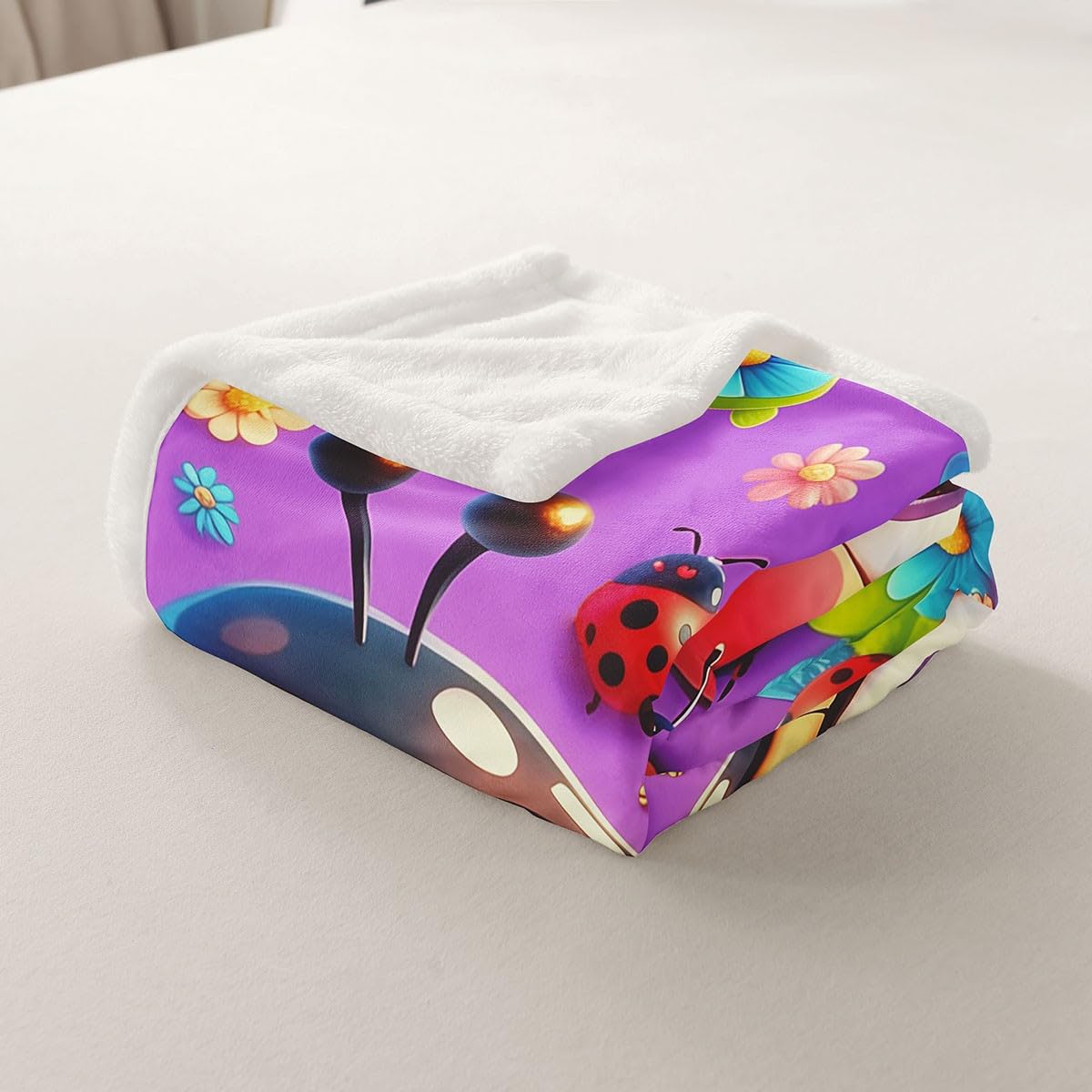 Erosebridal Cartoon Ladybugs Fleece Blankets Cute Ladybird Flowers Throw Bed Blanket Throw 50"X60" for Kids Boys Girls,Pink Blue Watercolor Floral Sherpa Blankets Kawaii Ladybugs Animal Fuzzy Blanket