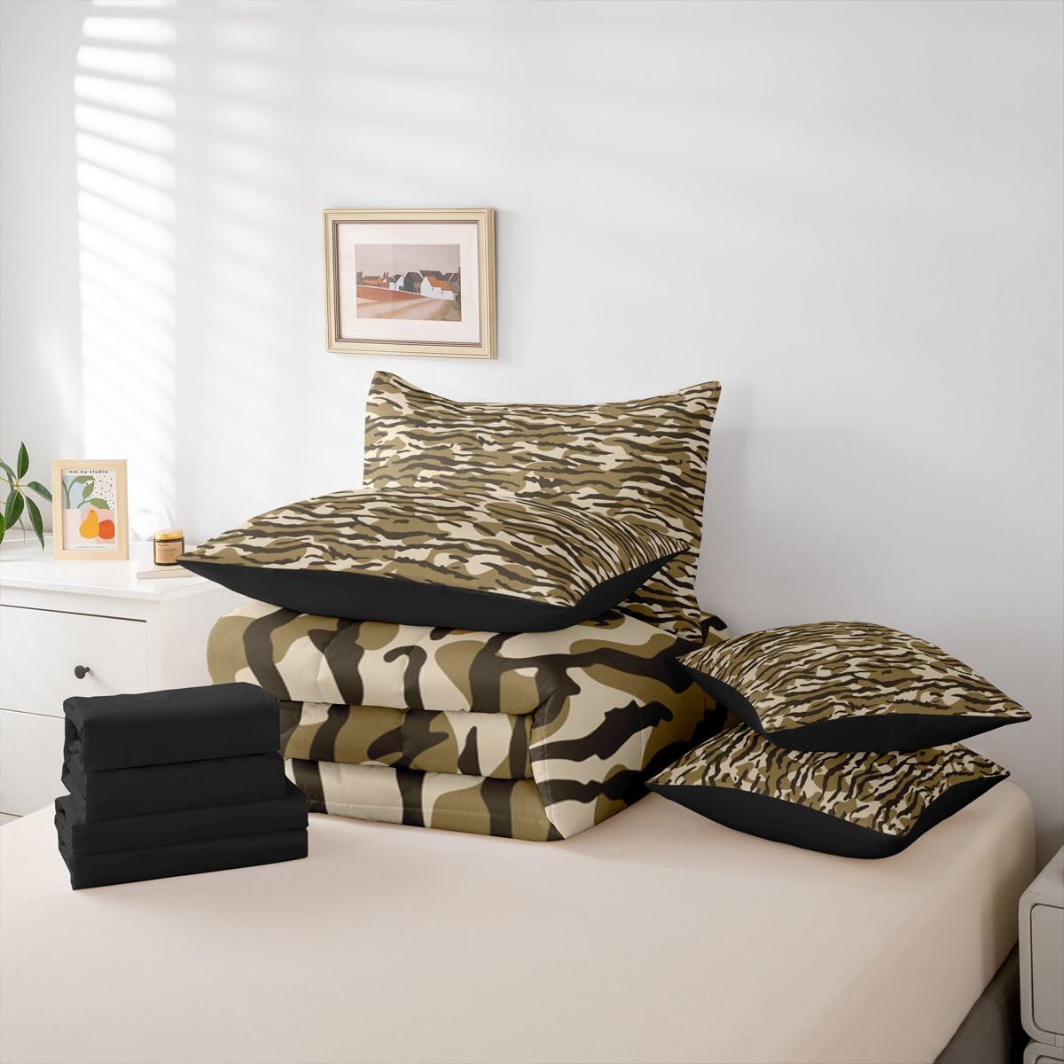Erosebridal Boys Camo 7-Piece Bed in a Bag Full Size for Kids Teens Men | Military Camo Bedding Set Rustic Country Cabin Farmhouse Comforter Set with Sheets Army Green Hunting Duvet Insert