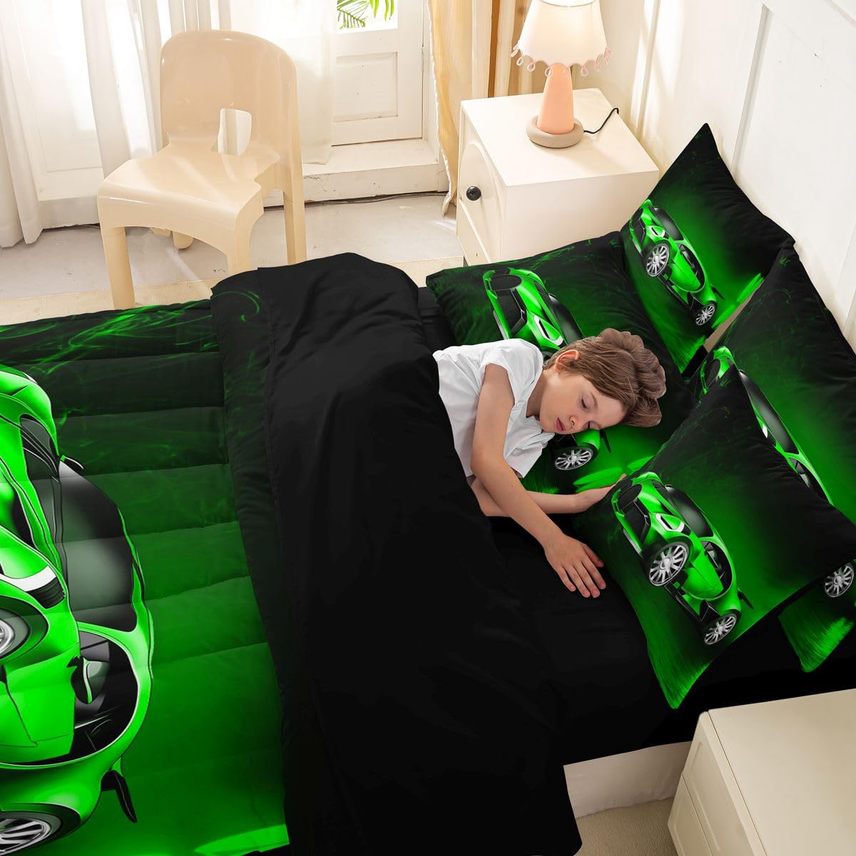 Feelyou Sports Car 7 Piece Bedding Set Green Race Car Comforter Set with Sheets for Kids Boys Girls Extreme Sports Theme Bed in a Bag Cool Speed Luxury Car Decor Bed Set with 2 Pillowcases Queen