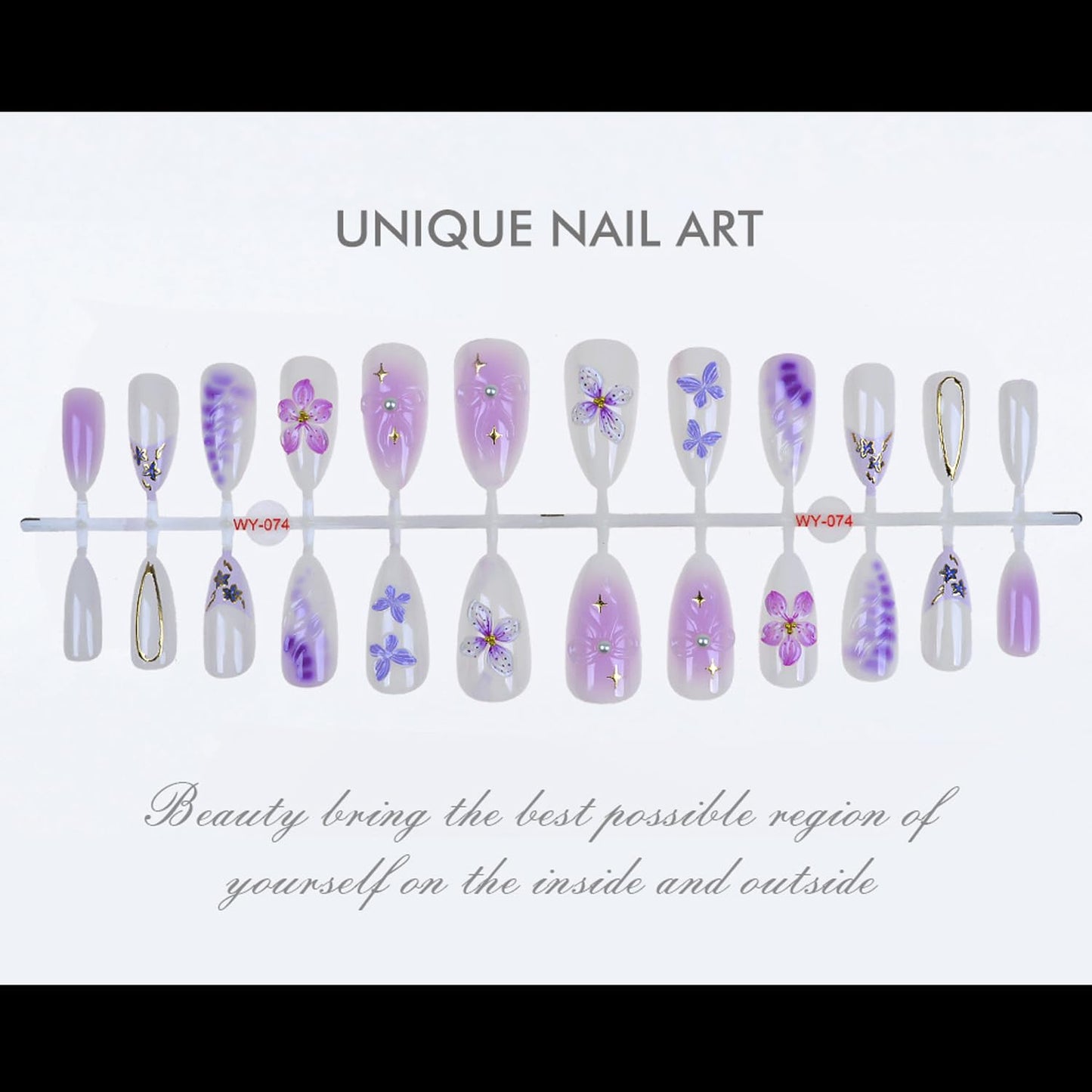 24Pcs Gradient Purple Flower Press on Nails Medium Almond Fake Nails with Floral Butterfly Star Designs Glossy French Nails Tip with 3D Floral & Pearl Nail Art Handmade False Nails for Women