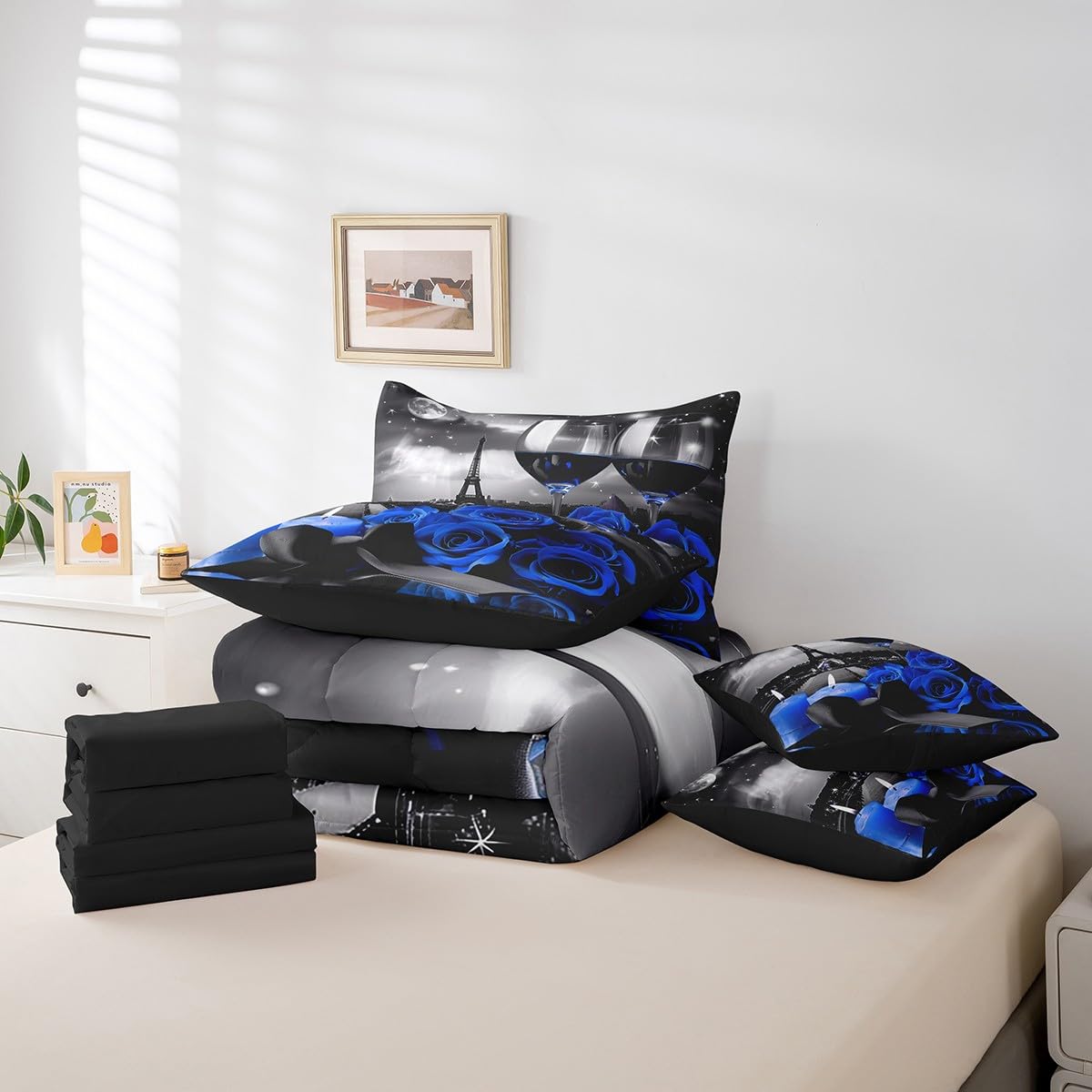 Erosebridal Rose Wine Glass 7 Pcs Comforter Set Full,Girls Eiffel Tower Bed in a Bag with Flat Sheet and Fitted Sheet,Blue Black Rose Floral Flower Romantic Bedding Set with Pillowcase & Sham,Grey