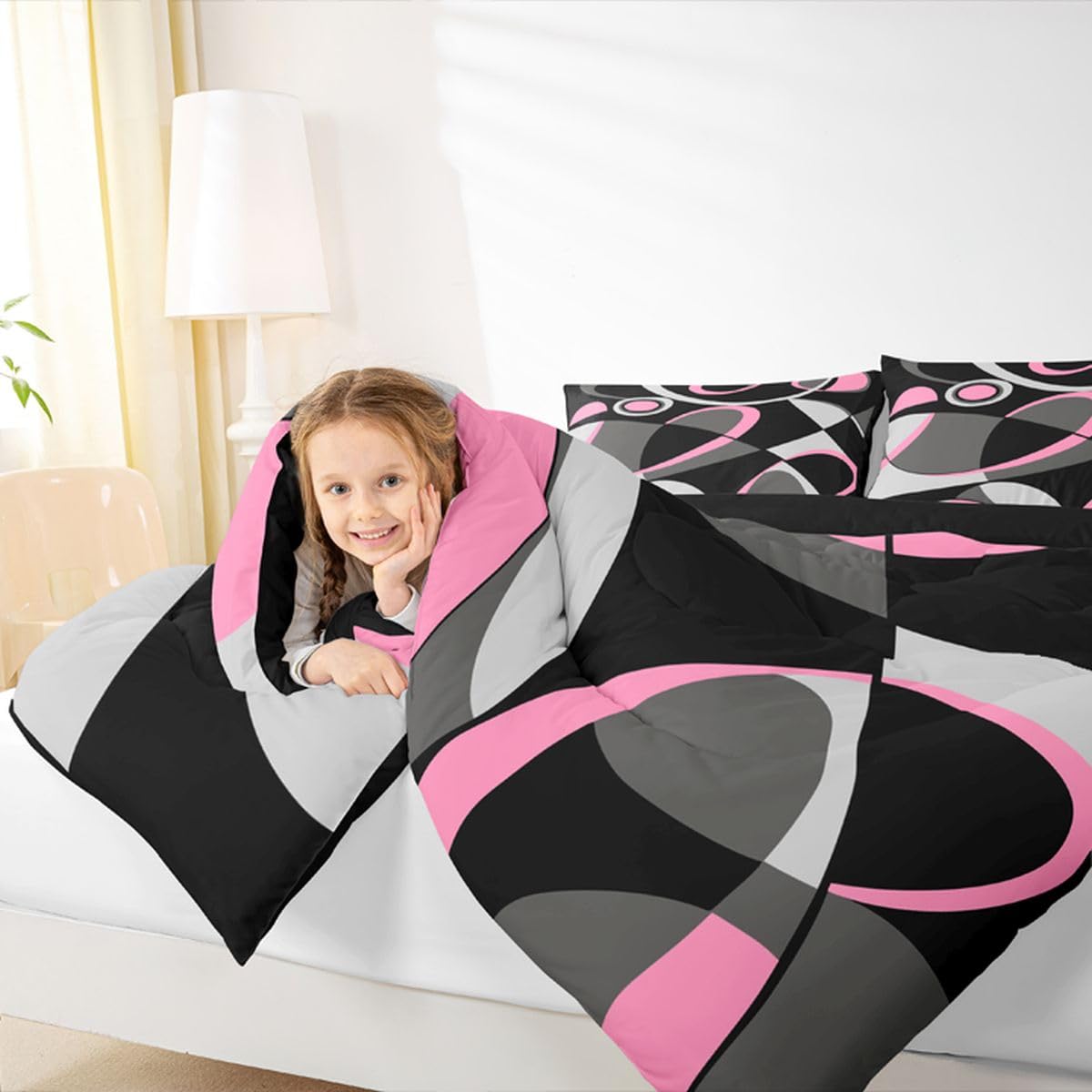 Feelyou Pink Grey and Black Comforter Retro Circle Geometrics Comforter Set Modern Abstract Art Bedding Set for Kids Boys Girls Geometrics Swirl Duvet Set Luxury Room Decor Quilt Set Queen Size
