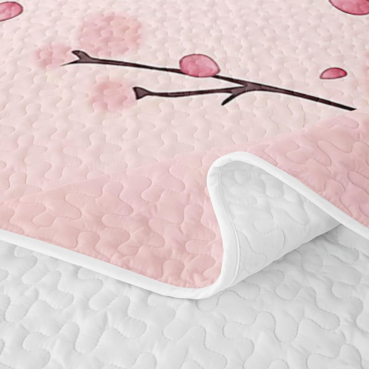Erosebridal Girl Cherry Blossoms Quilt Full Japanese Style Quilt SetPink Flowers Quilted Bedspread Branches Plant Floral Bedding Coverlet with 2 Pillowcases
