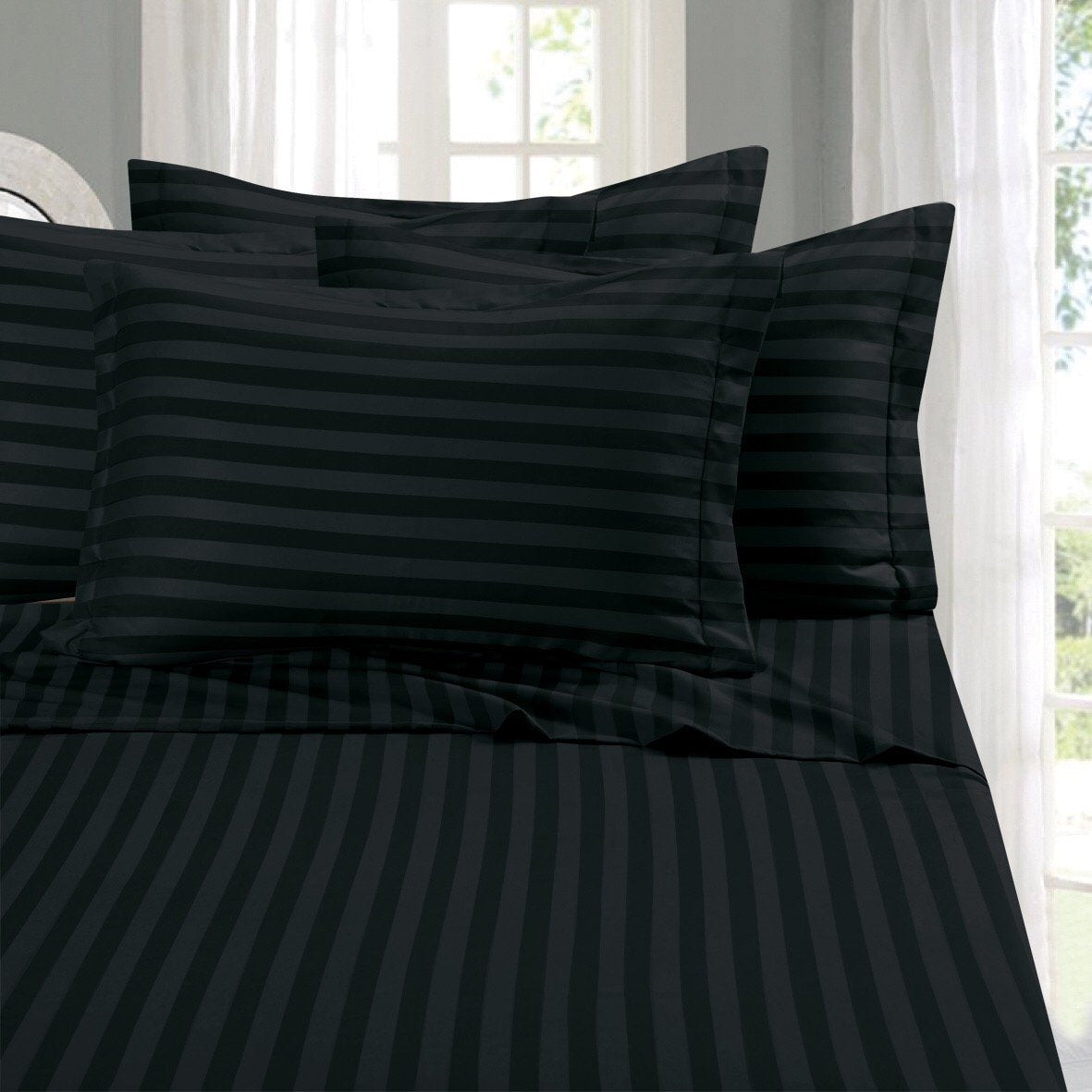Elegant Comfort Wrinkle & Fade Resistant 1500 Premier - Damask Stripes Hotel Quality Luxurious Silky Soft 4pc Sheet Set, Up to 16" Deep Pocket, Queen, Black