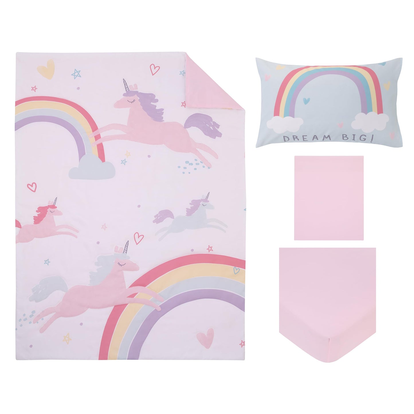 NoJo Carter's Rainbow Unicorn Pink, Purple, and Aqua Dream Big 4 Piece Toddler Bed Set - Comforter, Fitted Bottom Sheet, Flat Top Sheet, and Reversible Pillowcase