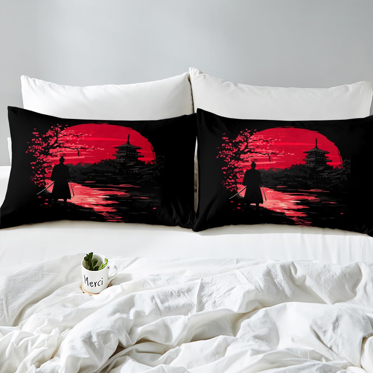 Erosebridal Samurai Bedding Set, Sunset Duvet Cover, Japanese Samurai Quilt Cover, Scenery Silhouette Comforter Cover, Room Decoration for Men (1 Duvet Cover with 2 Pillow Cases),Full Size