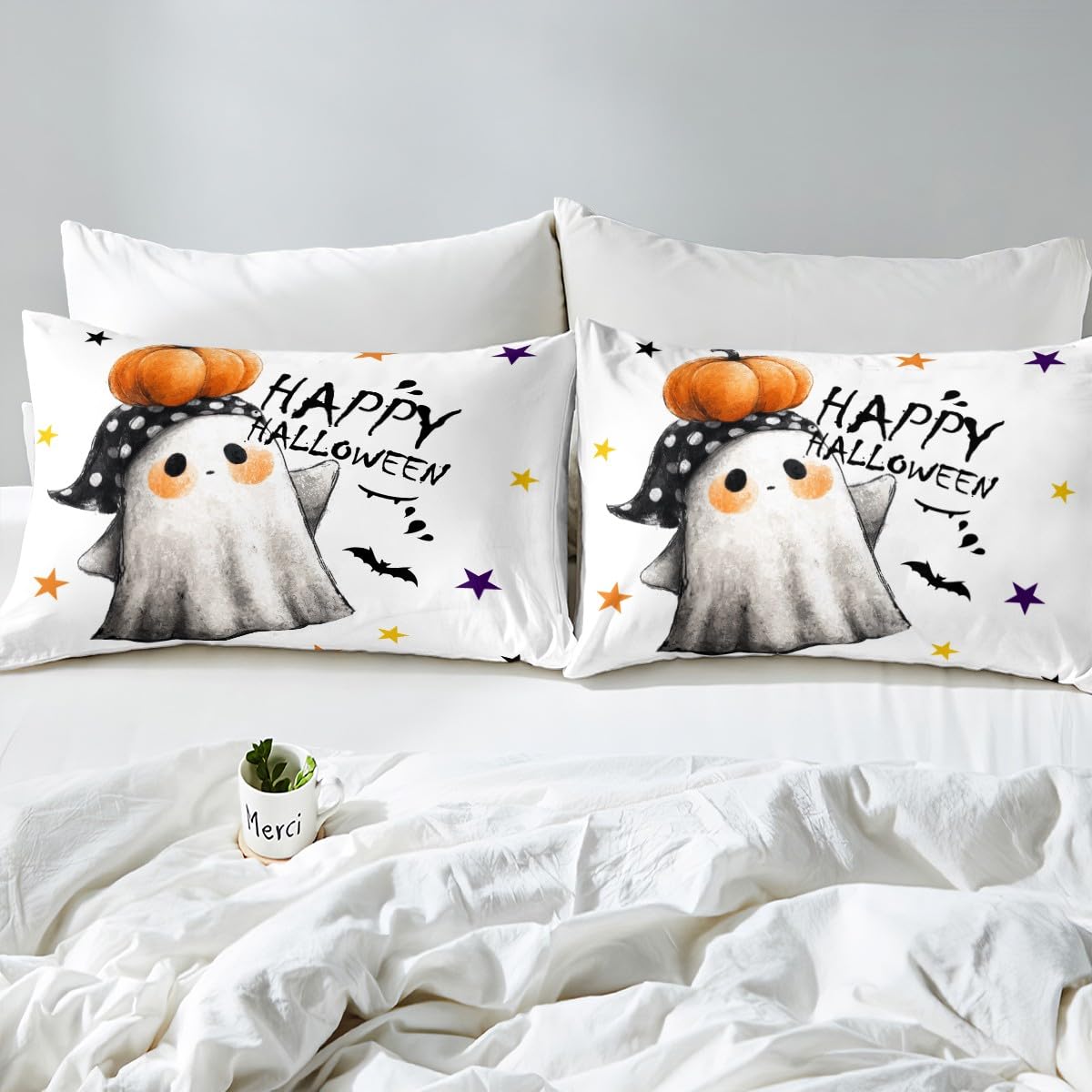 Feelyou Kids Halloween Bed Sheet Set Full Size, Cute Ghost Fitted Sheet Happy Halloween Bedding Set Boys Girls Horror Decor Teens Bedroom Decor Lightweight Bed Set (No Flat Sheet)