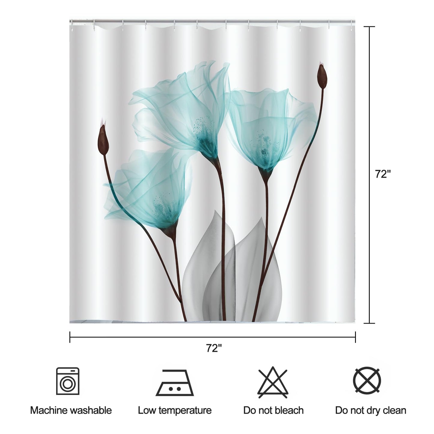 ZCHOMI Teal Floral Shower Curtain Tulip Turquoise Aqua Tulip Flower Botanical Modern Aesthetic X-ray Floral Elegant Bathroom Curtain Decor Waterproof Fabric Bath Curtain 72 x 72 Inch with 12 Hooks