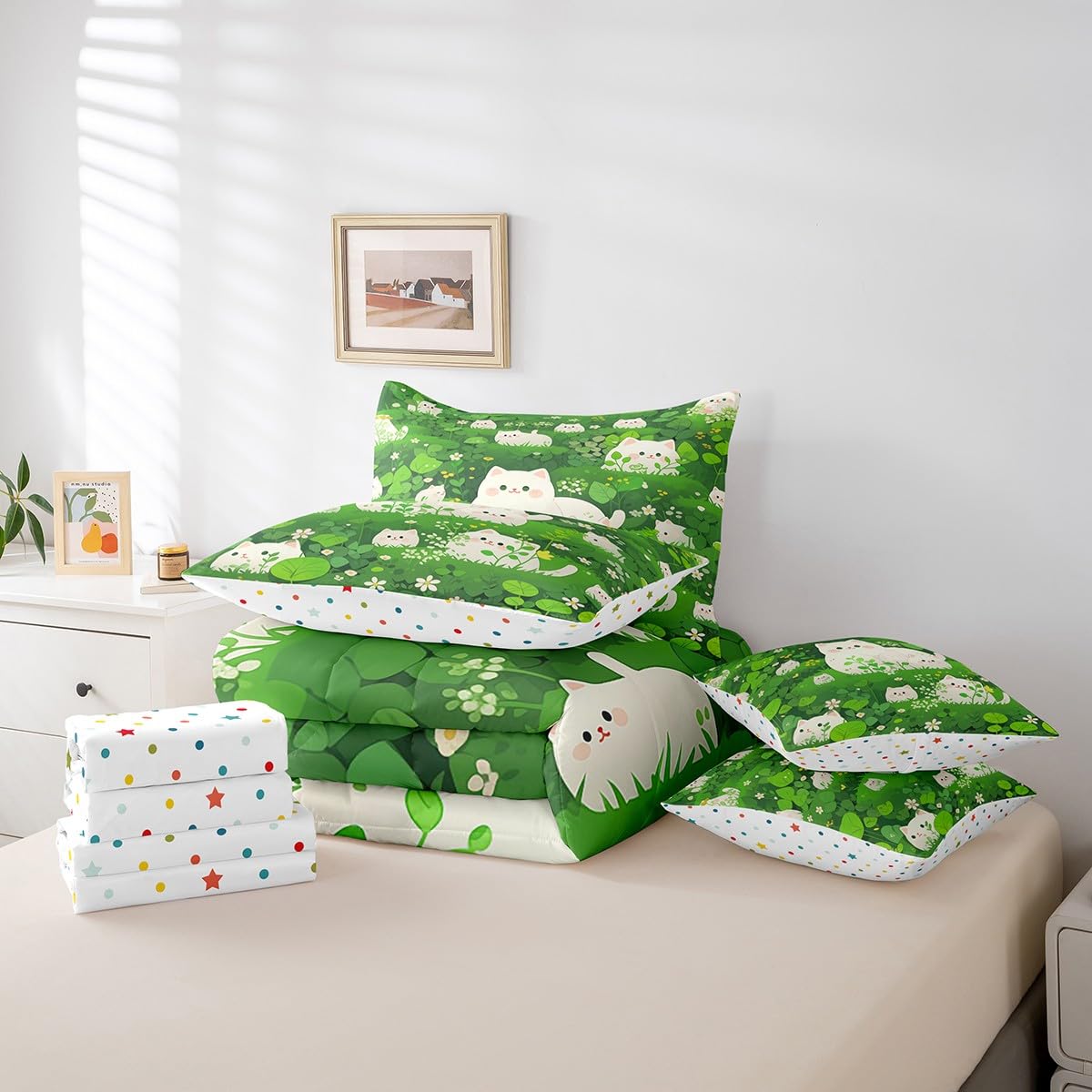 Erosebridal Cartoon Cat Bedding Set King Size, Cute Kitten Animals Comforter Set, Spring Lawn Flowers Kids Teens (Comforter+Fitted+Flat Sheet+2 Pillowcases+2 Throw Pillow Covers) 7 Pieces Bed Set