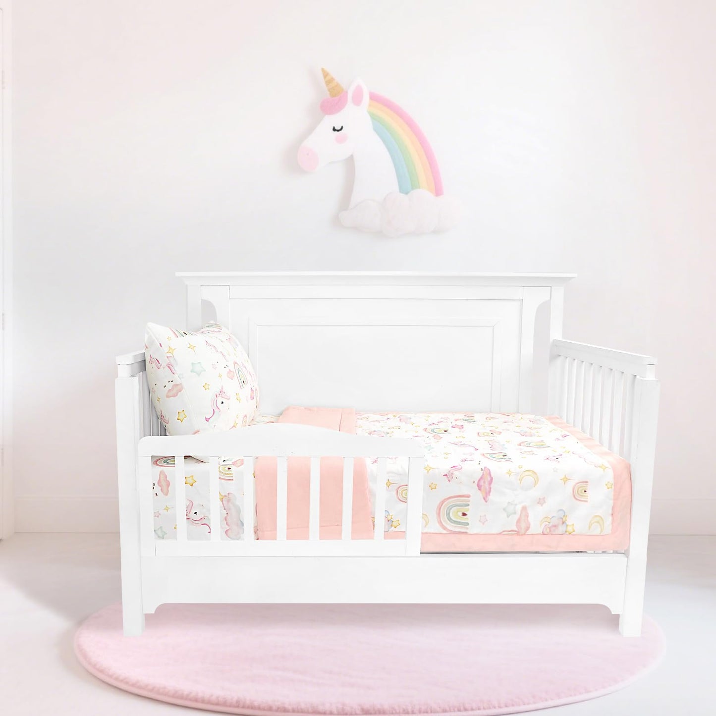 Pea Pod Muslin Toddler Bedding Set 3-Piece - Soft Breathable Crib Bedding with Fitted Sheet, Quilt & Pillowcase for Infant & Kids Bed | Machine Washable Nursery Bed Set, Unicorn Rainbow