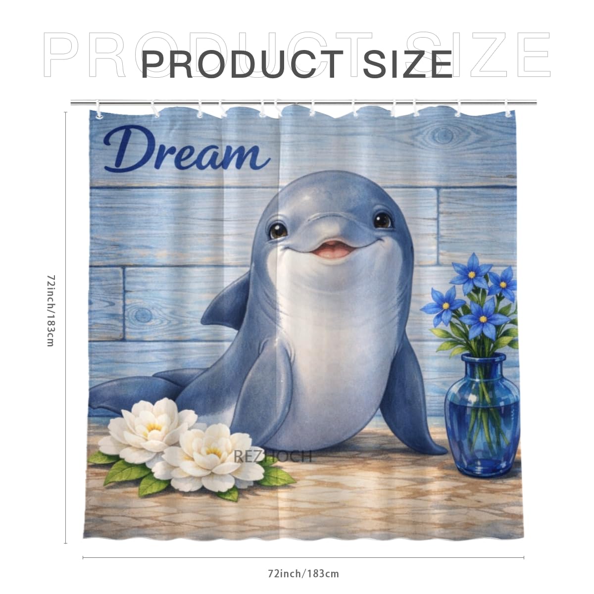 REZHOCH Cute Fun Dolphin Shower Curtain 72x72Inch,Blue Floral Dream Home Bathroom Decor,Animal Art Flower Waterproof Fabric Rustic Farmhouse Puppy Bath Tub Curtain with Hooks