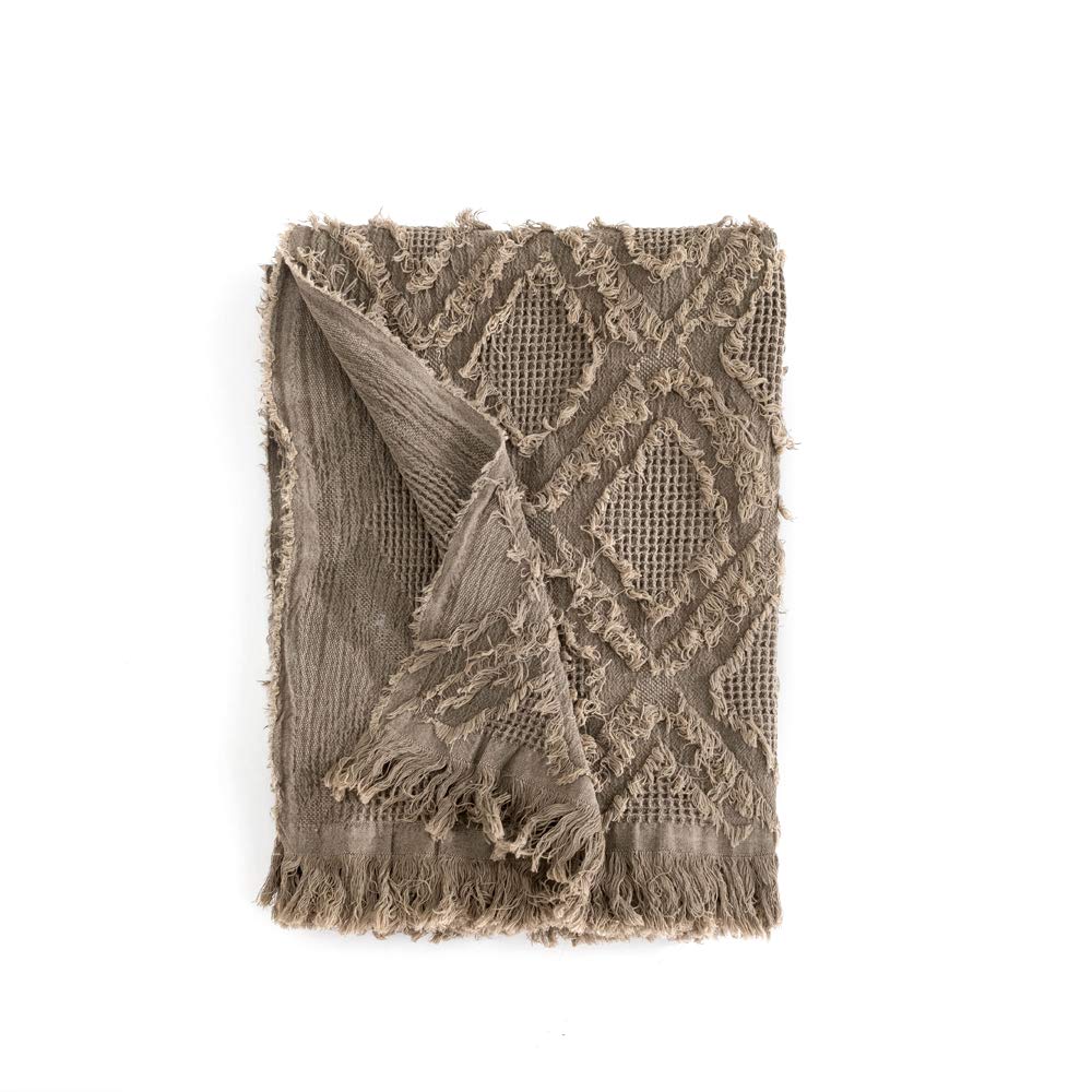 Simple&Opulence 100% Cotton Throw Blanket for Bed, Couch, Boho Textured Geometric Knit Woven Blanket with Tassels Soft, Lightweight Breathable Shabby Chic Farmhouse Decoration for All-Season(Brown)