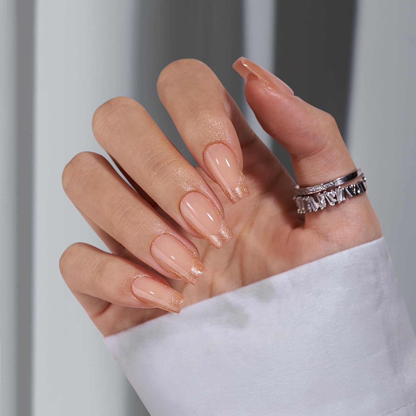 BTArtbox Press on Nails Coffin - Gold Rose French Tips Press On Nails Short for Women, Cat Eye Nail Tips, Glitter Fake Nails with Glue, Glue On Nails in 16 Sizes - 32 Nail Kit, Gold Dust