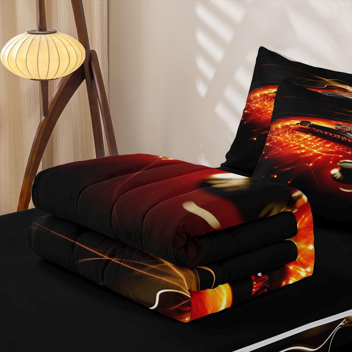 Erosebridal Guitar Zipper Comforter Set Twin 3D Bedding Set Electric Guitars Print Bed in a Bag Rock Music Theme Zippered Quilt Fitted Sheet,2 Pillowcases