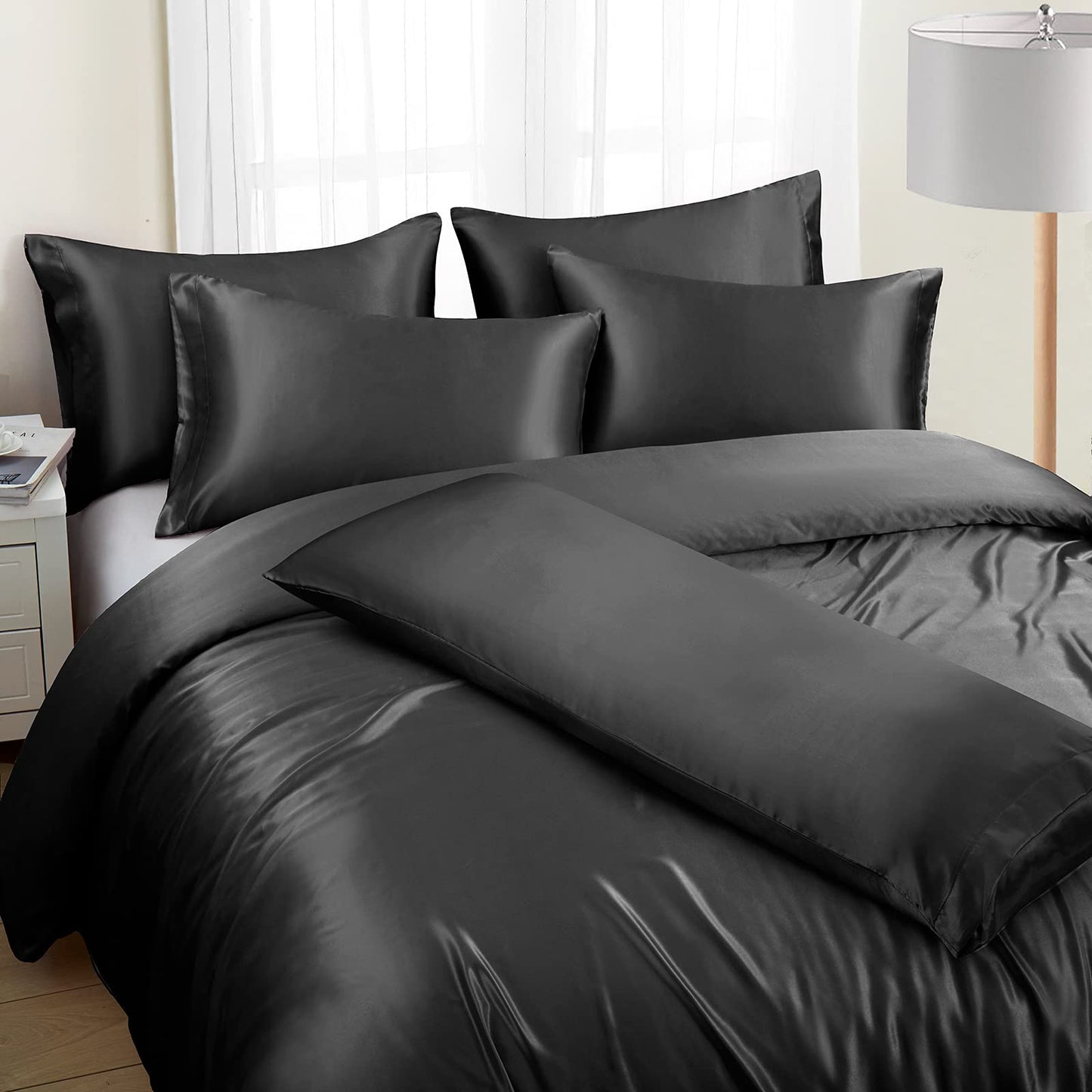 Ersmak 6 Pieces Satin Duvet Cover King Size Luxury Silky Bedding Duvet Cover Set with 1 Soft Duvet Cover, 4 King Pillowcases and 1 Body Pillowcase, Black