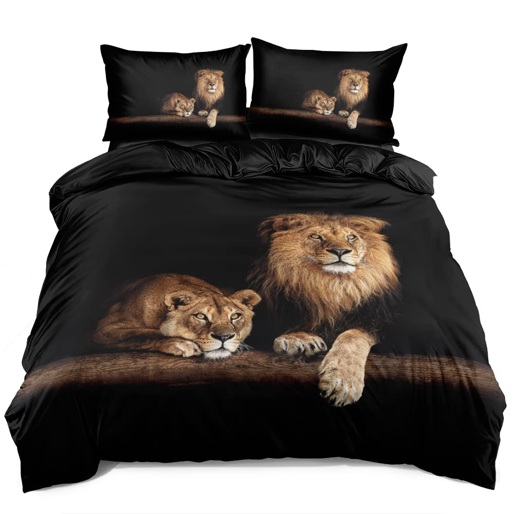 Holiyjog Lion Duvet Cover Sets Black Quilt Cover with 2 Pillow Shams King Size for Boys Kids Animal Bed Set Home Textile