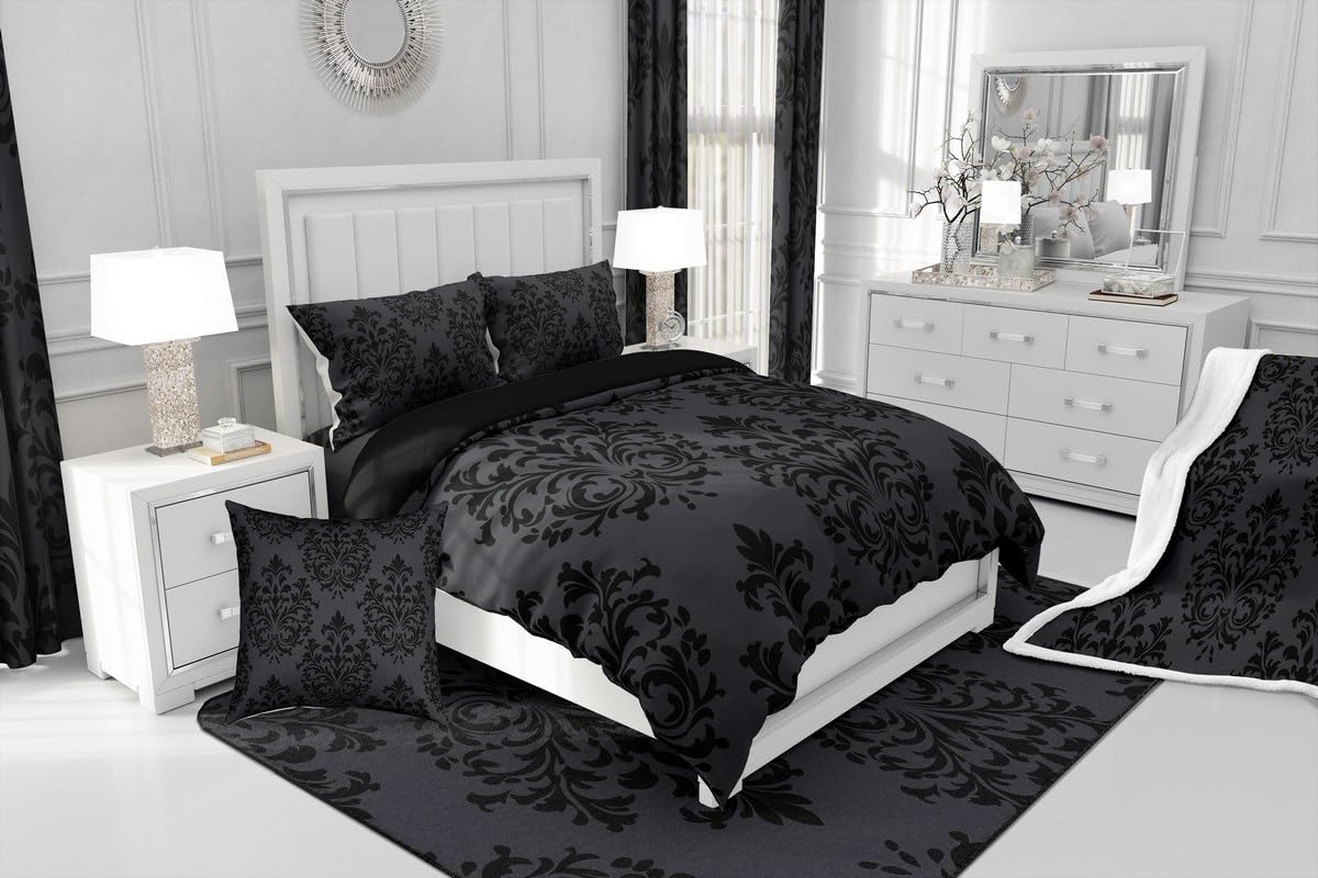 jejeloiu Damask Pattern Bedding Set Soft for Boys Girls, Floral Printed Comforter Set Queen Size Bohemian Damask Print Duvet Quilt Microfiber Baroque Style Bedroom Decor 3 Pcs with 2 Pillow Cases