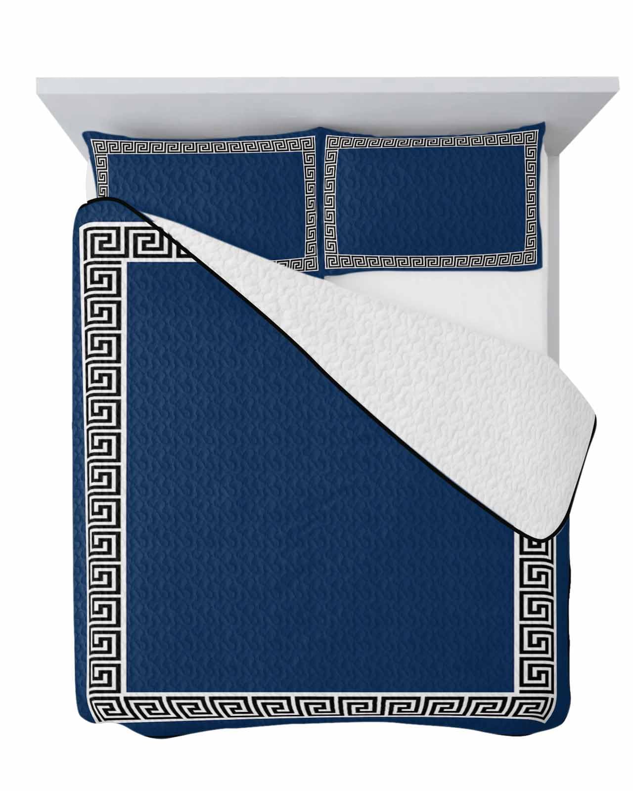 Quilt Sets King Size Geometric Greek Key Design Comforter Set Lightweight Soft Bedspread Coverlet Navy Blue Quilted Bedding Set with 2 Pillowcases Thin Comforter Bed Cover for All Season 98x106