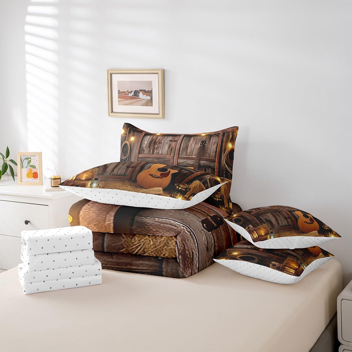 Feelyou Western Comforter Set 7 Pieces Twin Size Kids, Rustic Barn Bedding Set Boys Girls, Farmhouse Guitar Bed in a Bag,Comforter + Sheets + Pillowcases + Cushion Covers