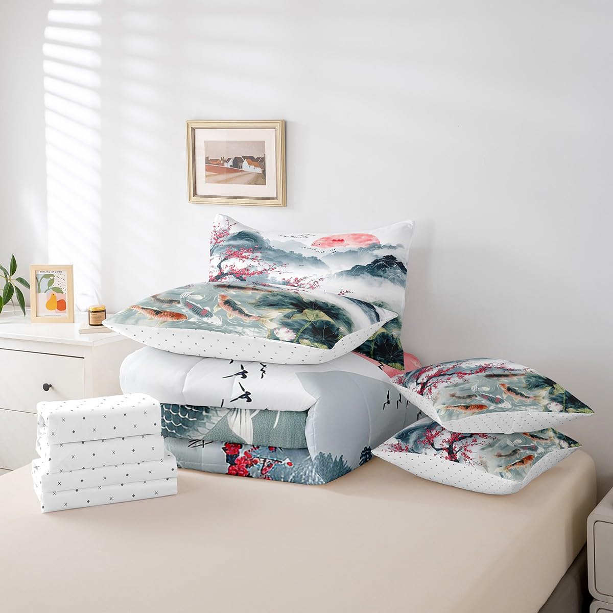 Erosebridal 7 Piece Cherry Blossoms Bed in a Bag Full for Girls Women Chinese Style Sheet Set Lotus Leaf Print Cushion Covers Landscape Painting Bedding with Comforter Koi Print Bed Set